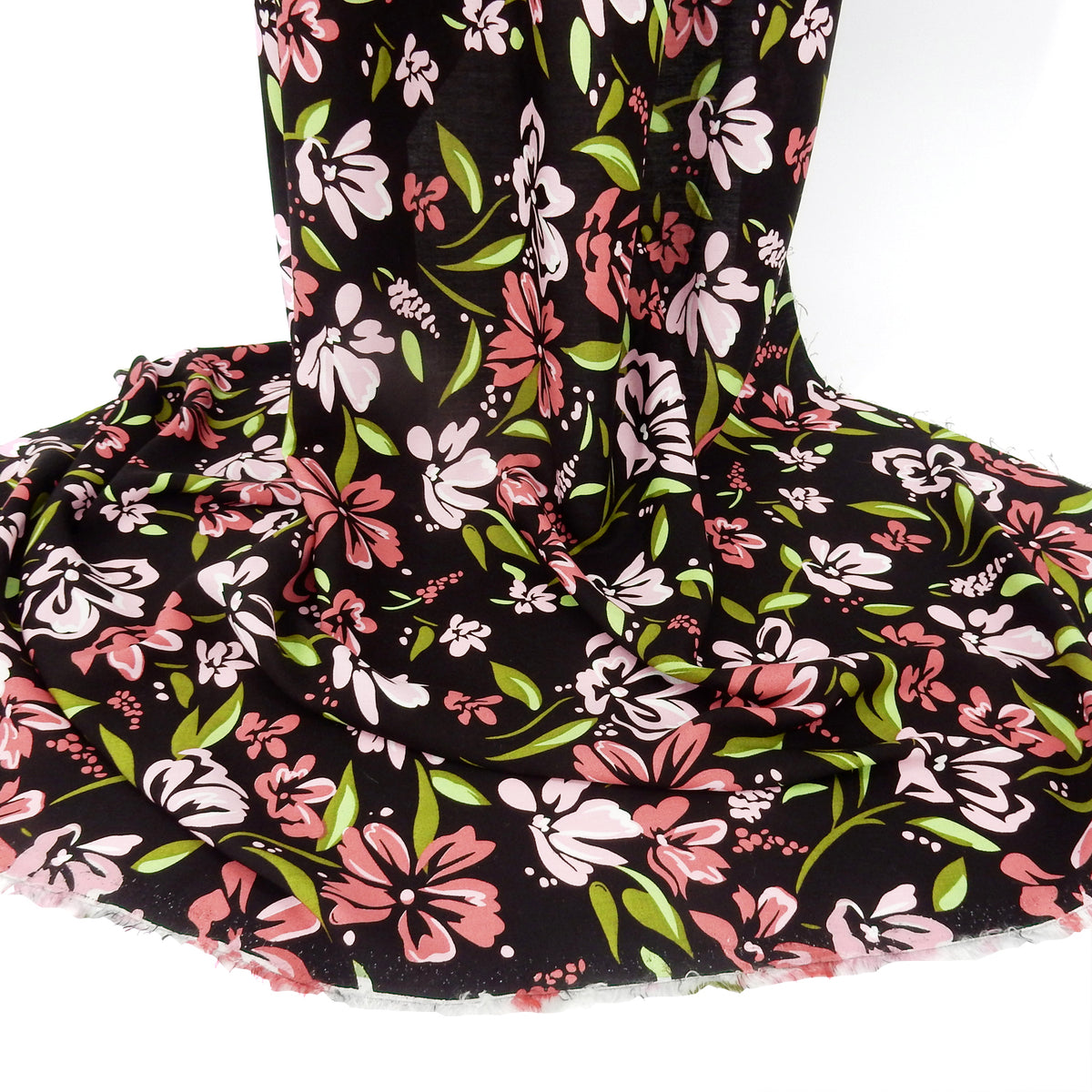 Premium 100% Rayon Challis Fabric. Midnight Botanical Floral in Rose, Olive  & Pale Pink on black background. Lightweight & ultra soft. Shown draped