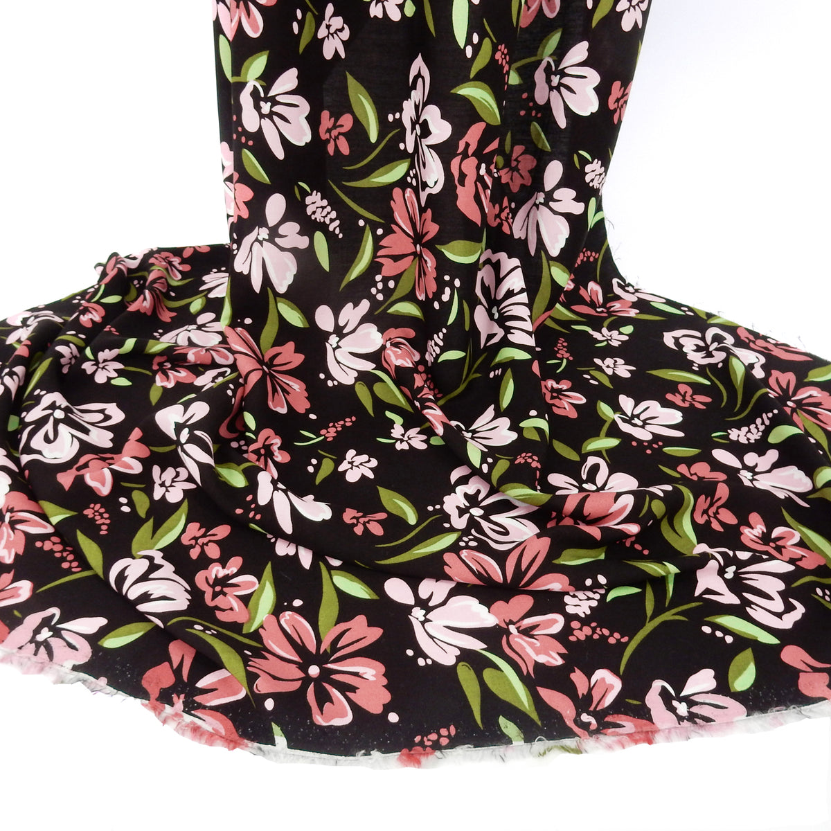 Premium 100% Rayon Challis Fabric. Midnight Botanical Floral in Rose, Olive  & Pale Pink on black background. Lightweight & ultra soft. Shown draped