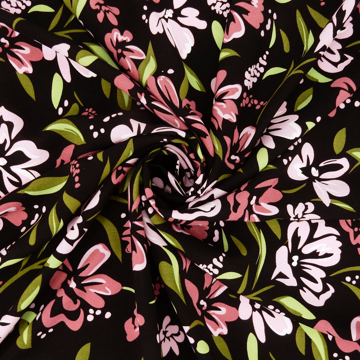 Premium 100% Rayon Challis Fabric. Midnight Botanical Floral in Rose, Olive  & Pale Pink on black background. Lightweight & ultra soft. Shown swirled
