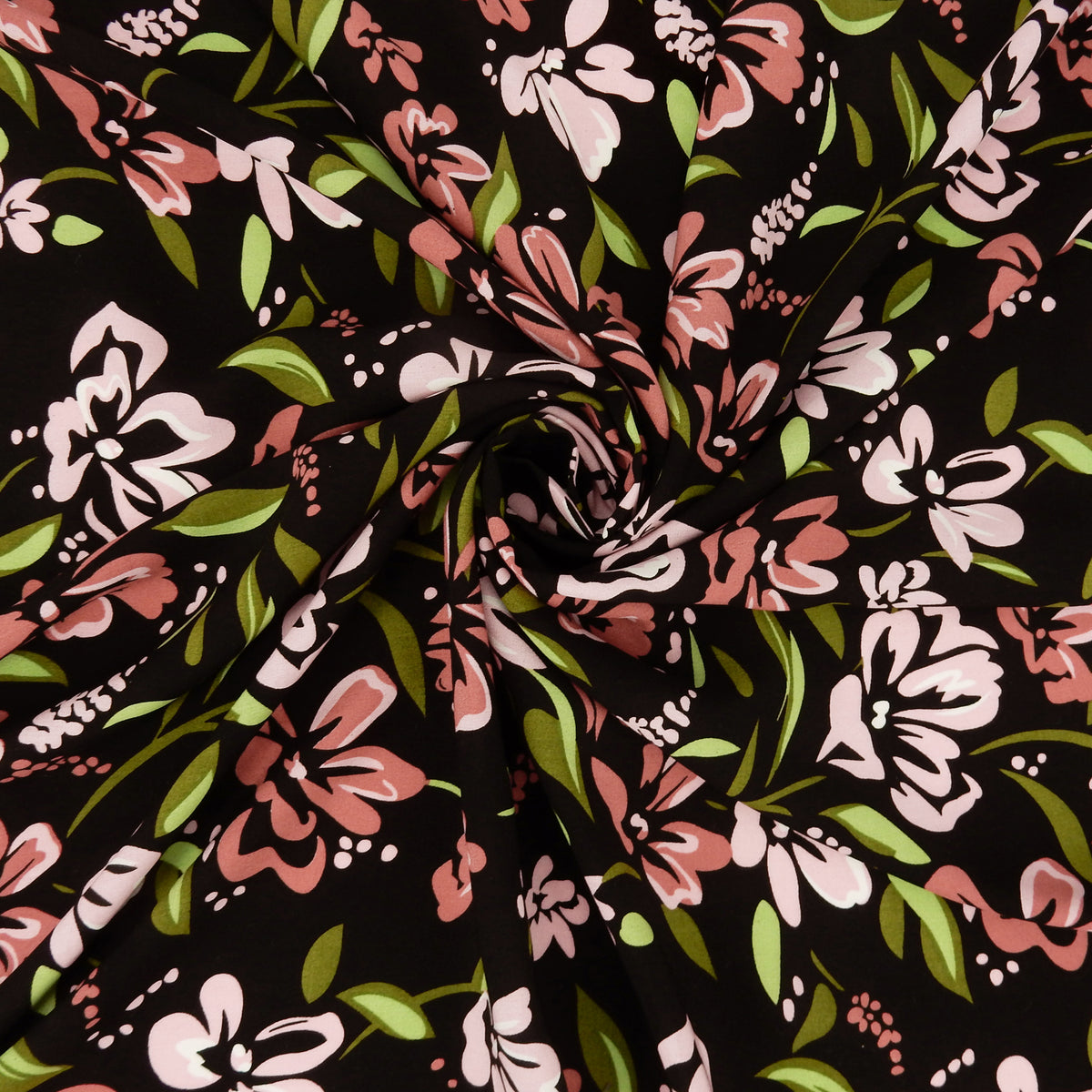 Premium 100% Rayon Challis Fabric. Midnight Botanical Floral in Rose, Olive  & Pale Pink on black background. Lightweight & ultra soft. Shown swirled
