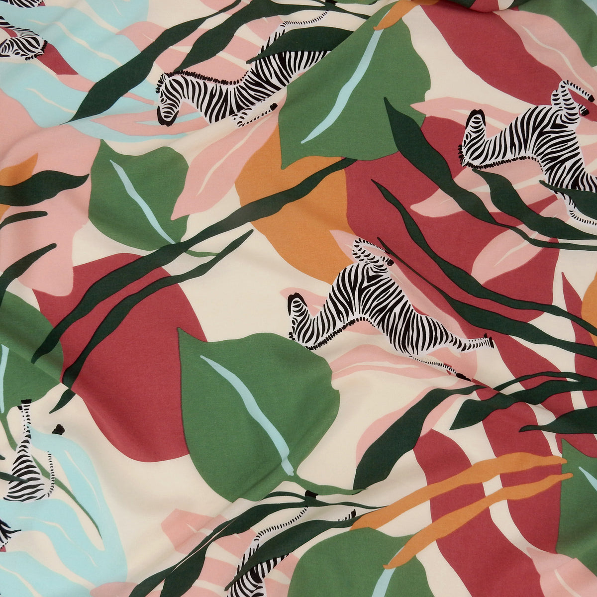 Premium 100% Rayon Challis Fabric.  Artistic Zebra Safari Print in Pale Wine, Hunter & Sage Green. lightweight & ultra soft. Shown lightly gathered