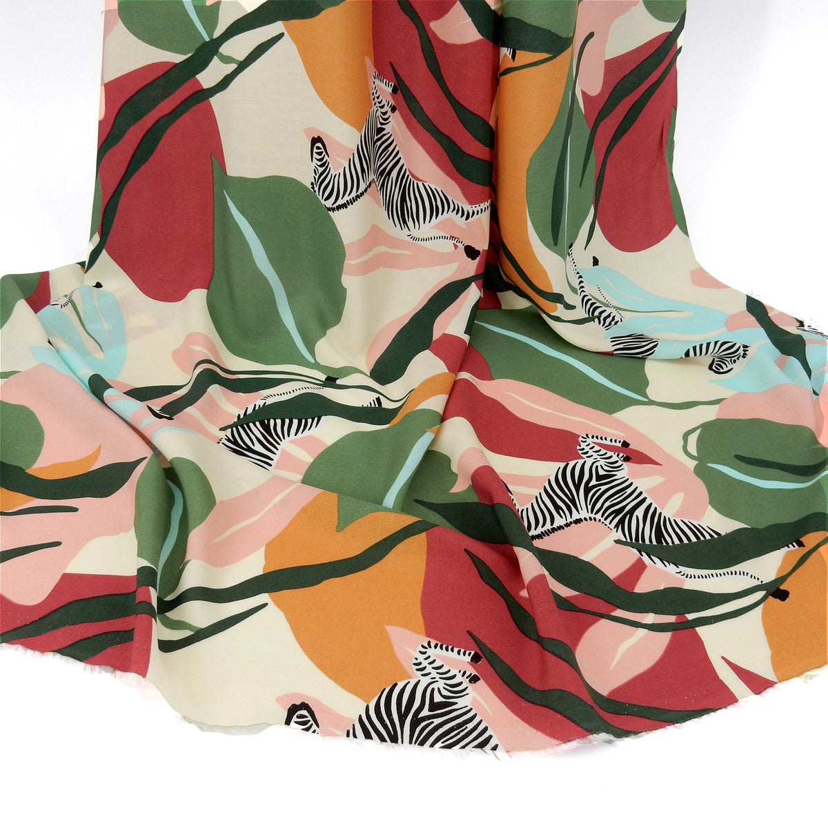 Premium 100% Rayon Challis Fabric.  Artistic Zebra Safari Print in Pale Wine, Hunter & Sage Green. lightweight & ultra soft. Shown draped