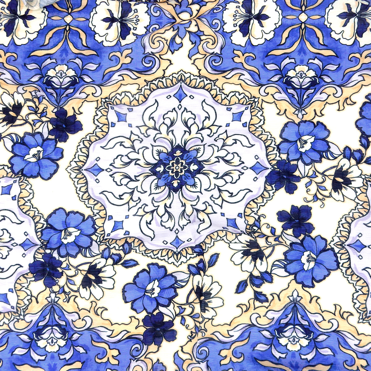 Premium Textured Polyester Chiffon  Fabric. Large-Scale Damask in Royal Blue, Lilac & Beige. Semi sheer. shown lightly gathered