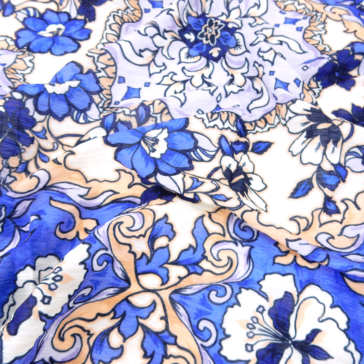 Premium Textured Polyester Chiffon  Fabric. Large-Scale Damask in Royal Blue, Lilac & Beige. Semi sheer. shown lightly gathered