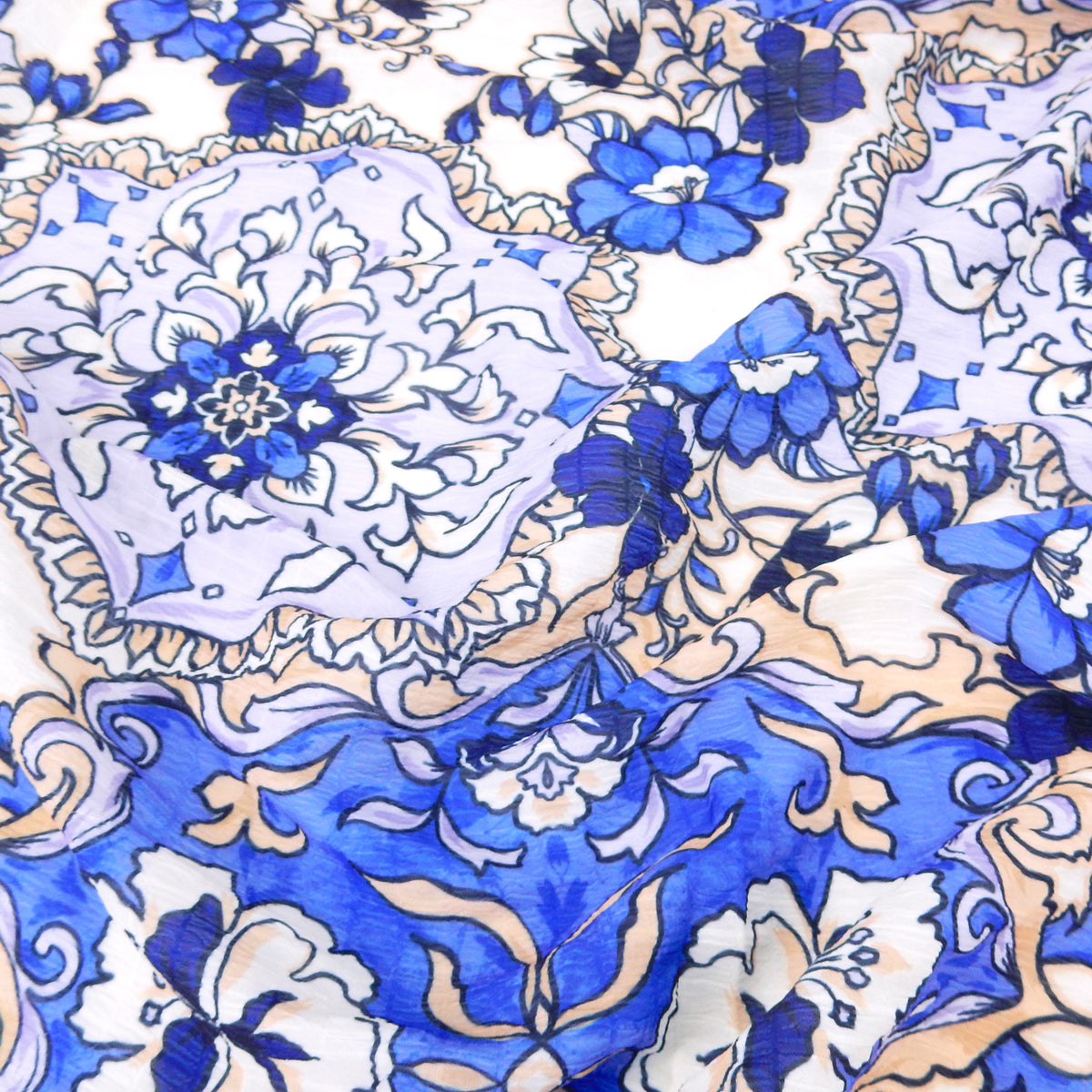 Premium Textured Polyester Chiffon  Fabric. Large-Scale Damask in Royal Blue, Lilac & Beige. Semi sheer. shown lightly gathered