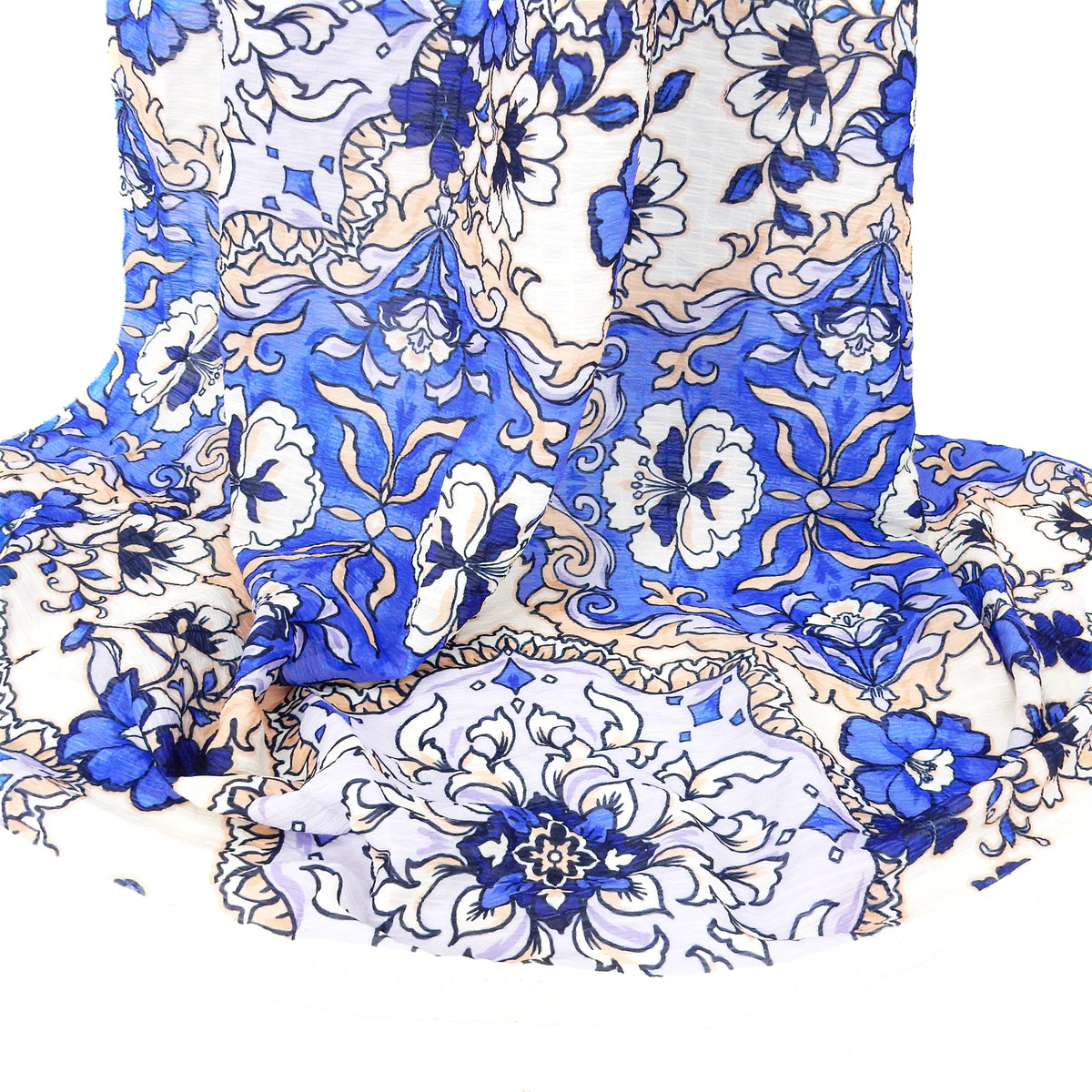 Premium Textured Polyester Chiffon  Fabric. Large-Scale Damask in Royal Blue, Lilac & Beige. Semi sheer. shown draped.