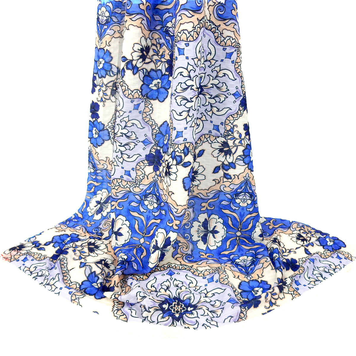 Premium Textured Polyester Chiffon  Fabric. Large-Scale Damask in Royal Blue, Lilac & Beige. Semi sheer. shown draped.