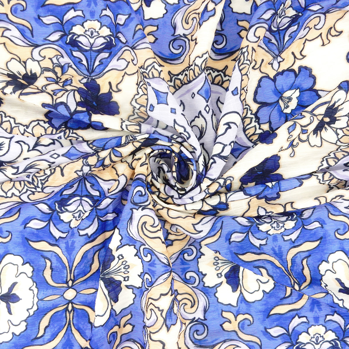 Premium Textured Polyester Chiffon  Fabric. Large-Scale Damask in Royal Blue, Lilac & Beige. Semi sheer. shown swirled