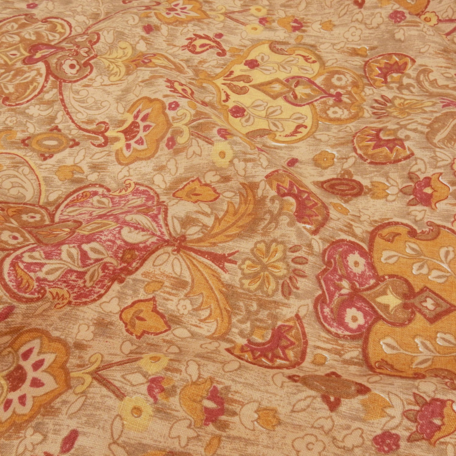 Premium 100% European Linen Damask Print Fabric. gold colors on shirt weight linen. Shown lightly gathered