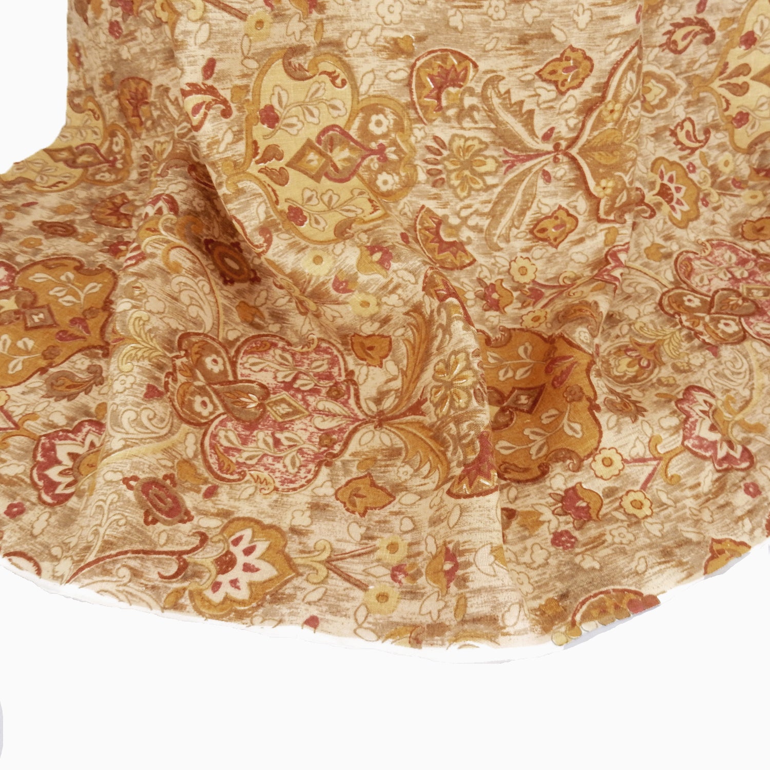 Premium 100% European Linen Damask Print Fabric. gold colors on shirt weight linen. Shown draped & lightly gathered