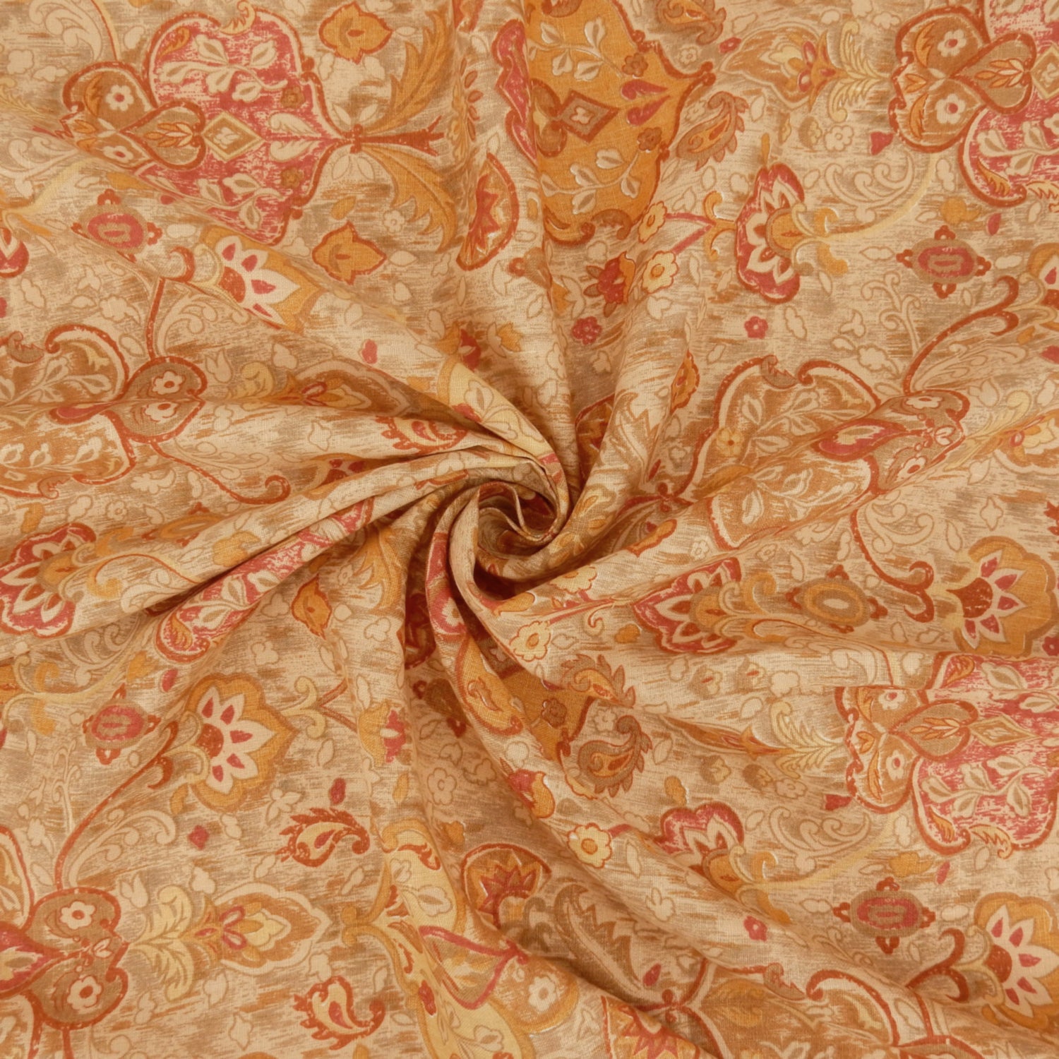 Premium 100% European Linen Damask Print Fabric. gold colors on shirt weight linen. Shown swirled