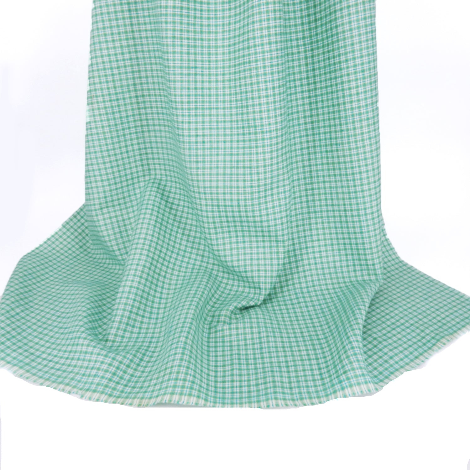 Premium 100% European Linen Yarn Dyed Plaid Fabric. light green color. shown draped