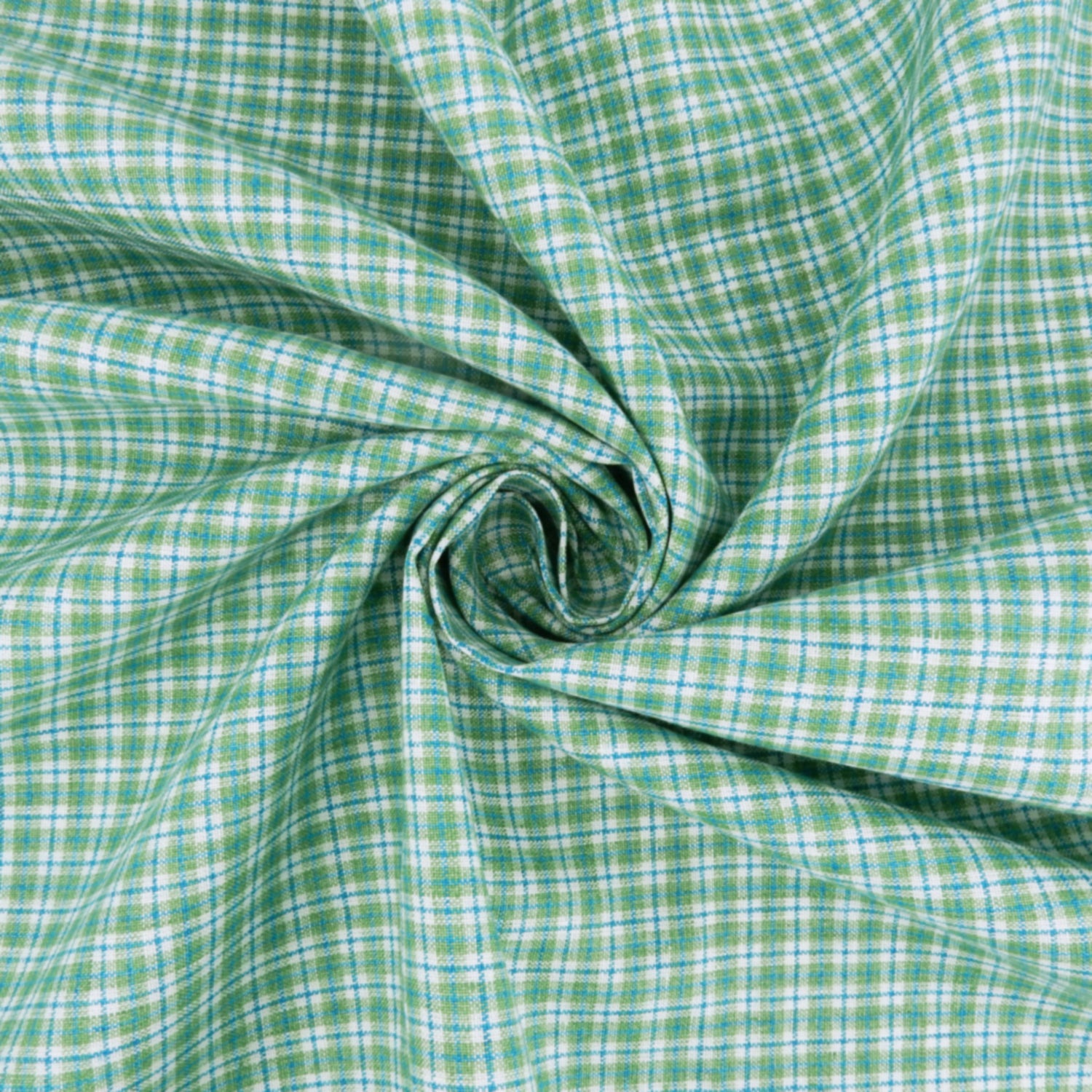 Premium 100% European Linen Yarn Dyed Plaid Fabric. light green color. shown swirled