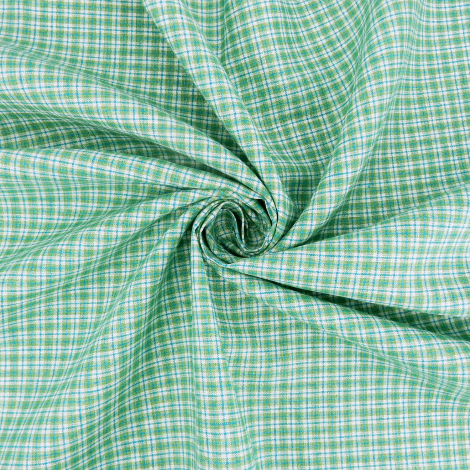 Premium 100% European Linen Yarn Dyed Plaid Fabric. light green color. shown swirled