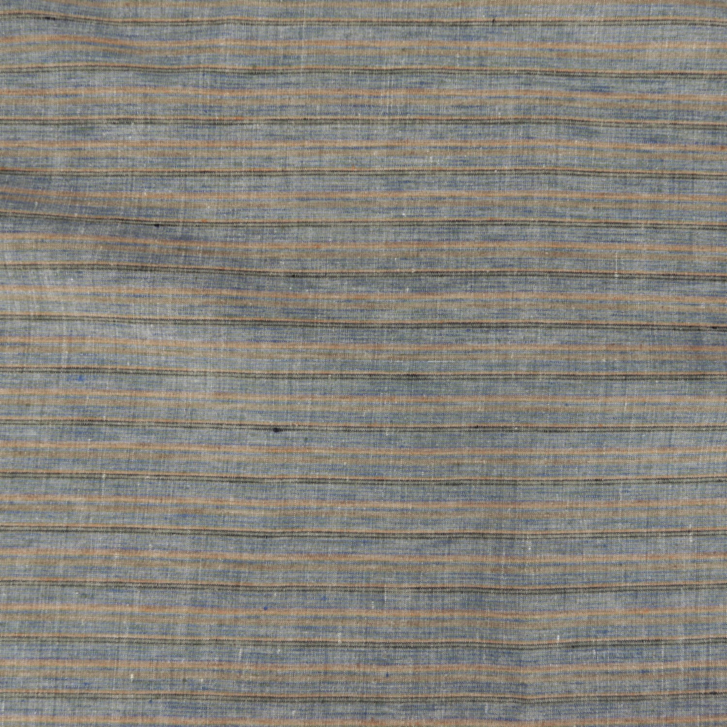 Premium 100% European Linen Yarn Dyed Muted Stripe Fabric. muted blue, brown & beige stripe. shown flat