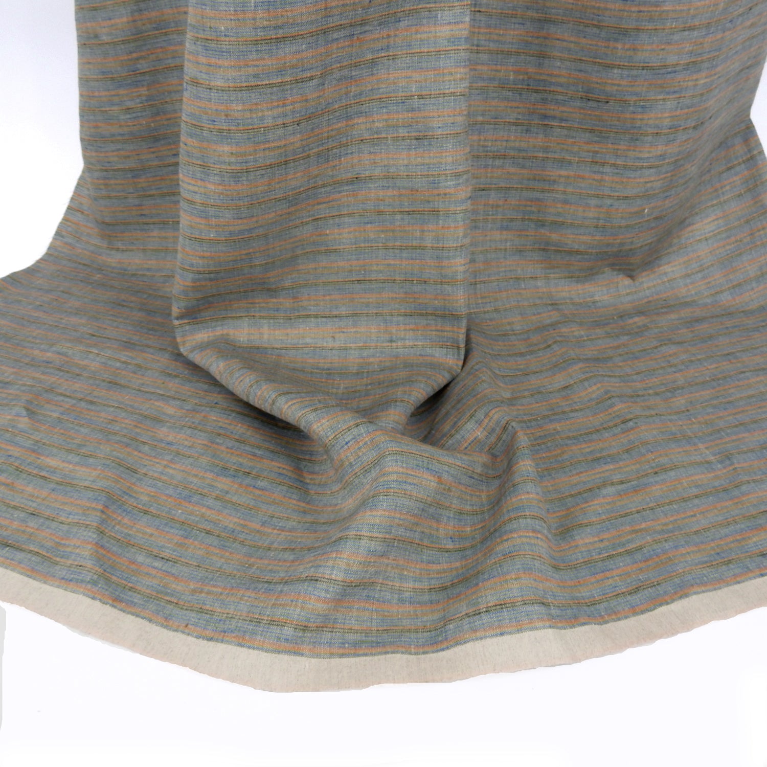Premium 100% European Linen Yarn Dyed Muted Stripe Fabric. muted blue, brown & beige stripe. shown draped