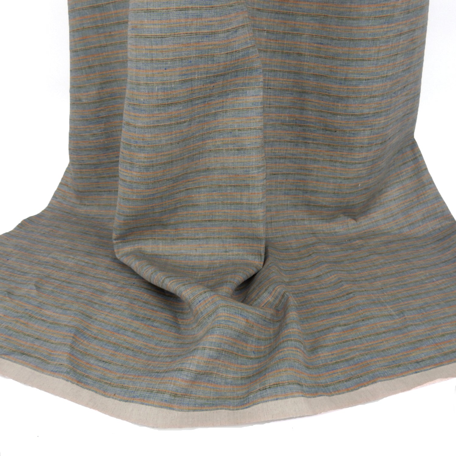 Premium 100% European Linen Yarn Dyed Muted Stripe Fabric. muted blue, brown & beige stripe. shown draped