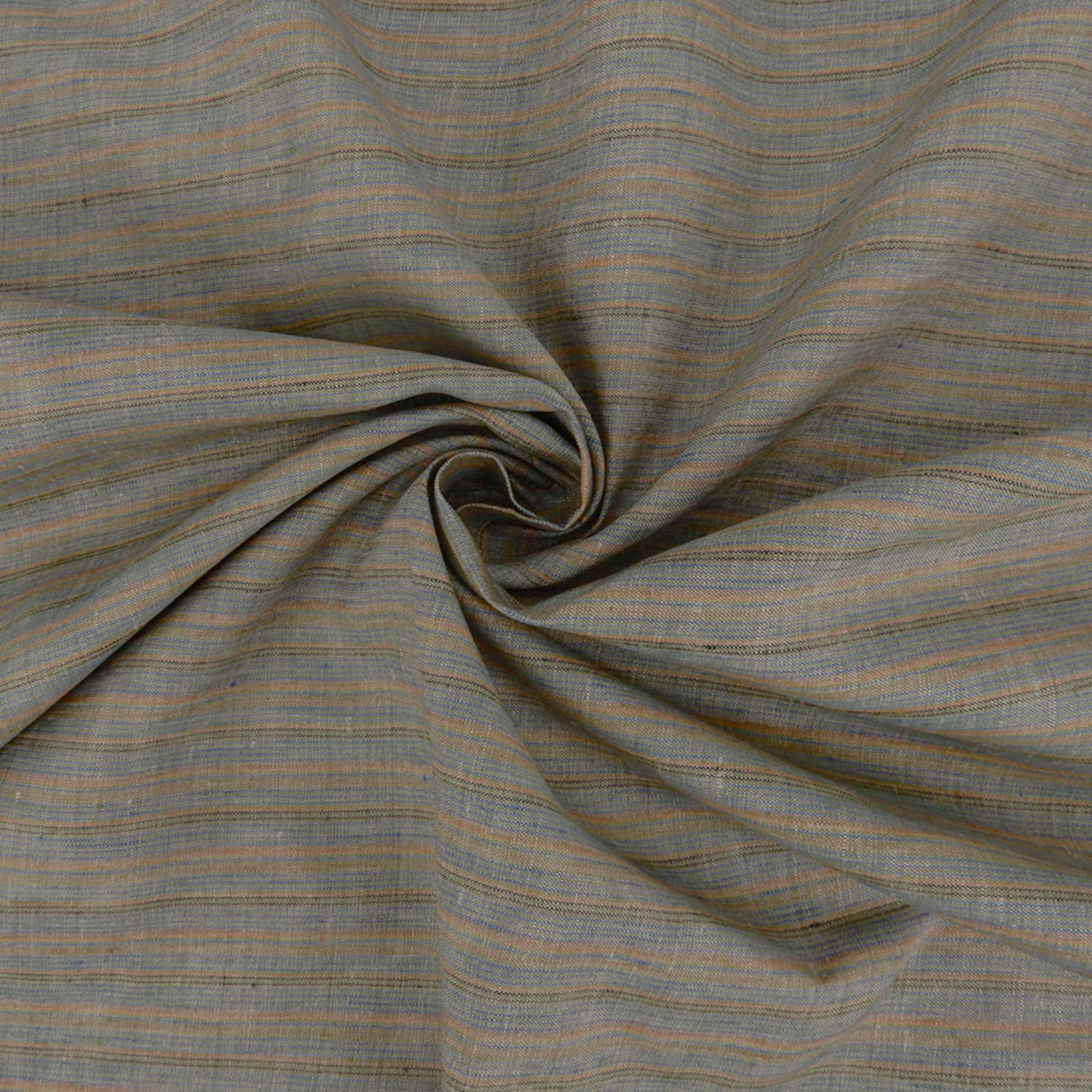 Premium 100% European Linen Yarn Dyed Muted Stripe Fabric. muted blue, brown & beige stripe. shown swirled