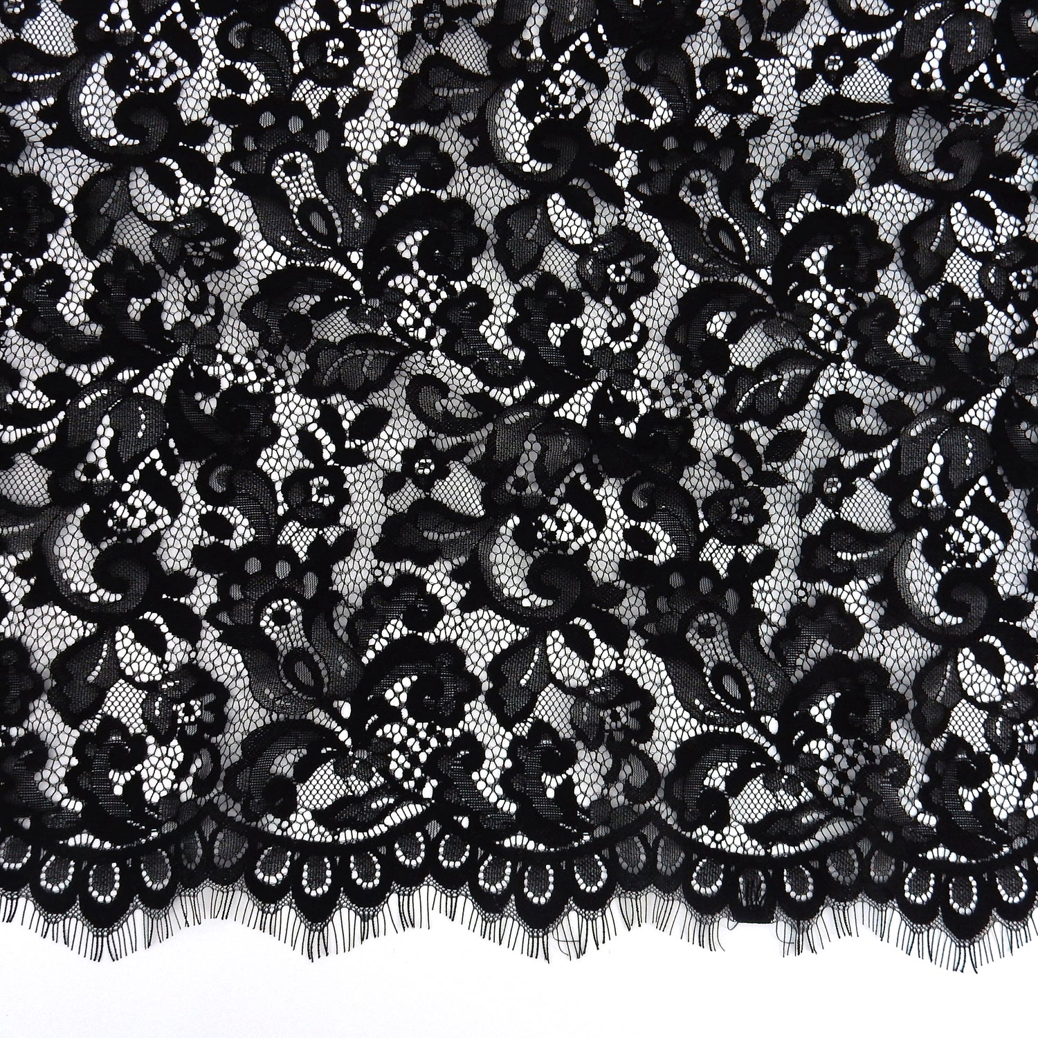 Double Scalloped Eyelash Border Klauber Lace Fabric 3529 Black