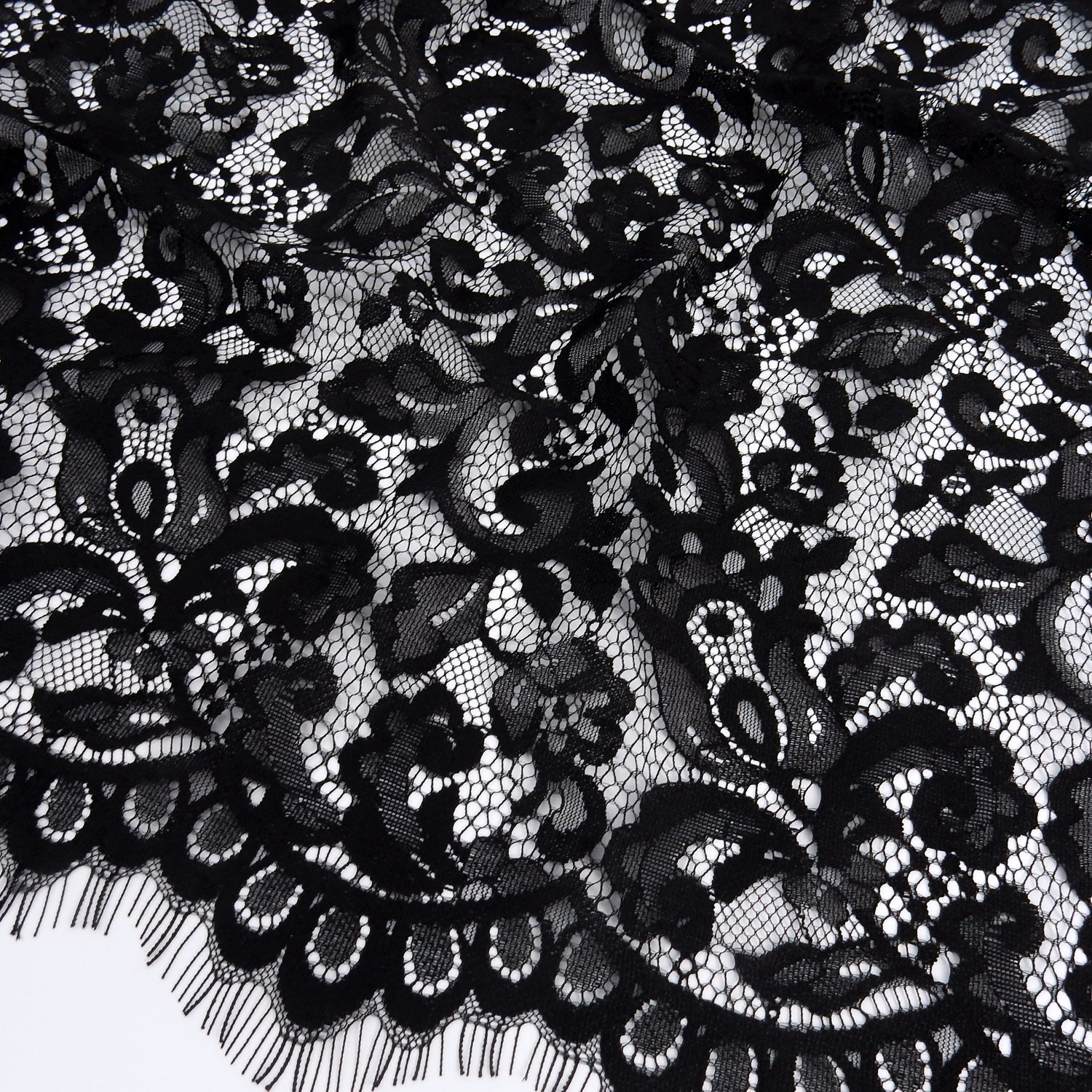 Double Scalloped Eyelash Border Klauber Lace Fabric 3529 Black