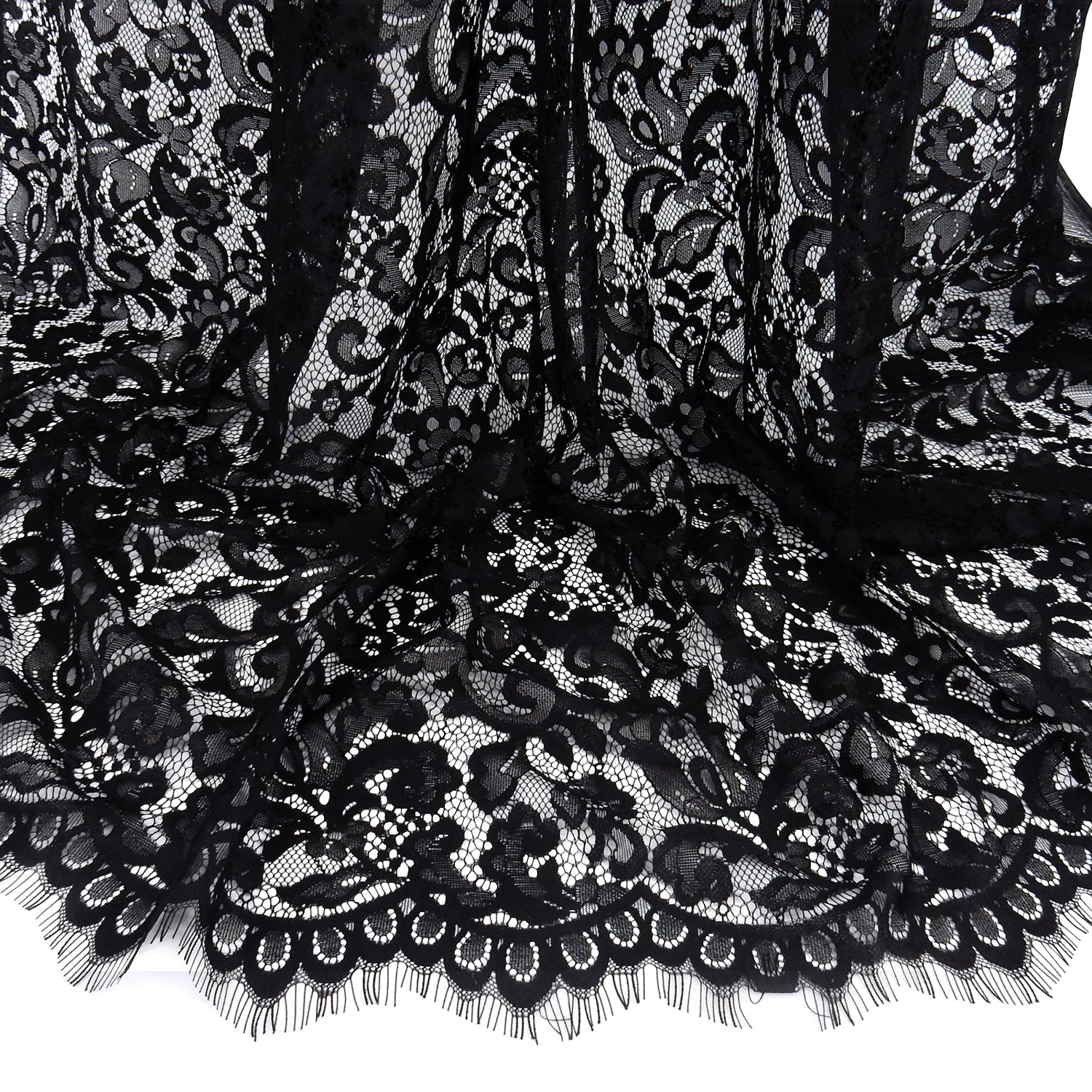 Double Scalloped Eyelash Border Klauber Lace Fabric 3529 Black