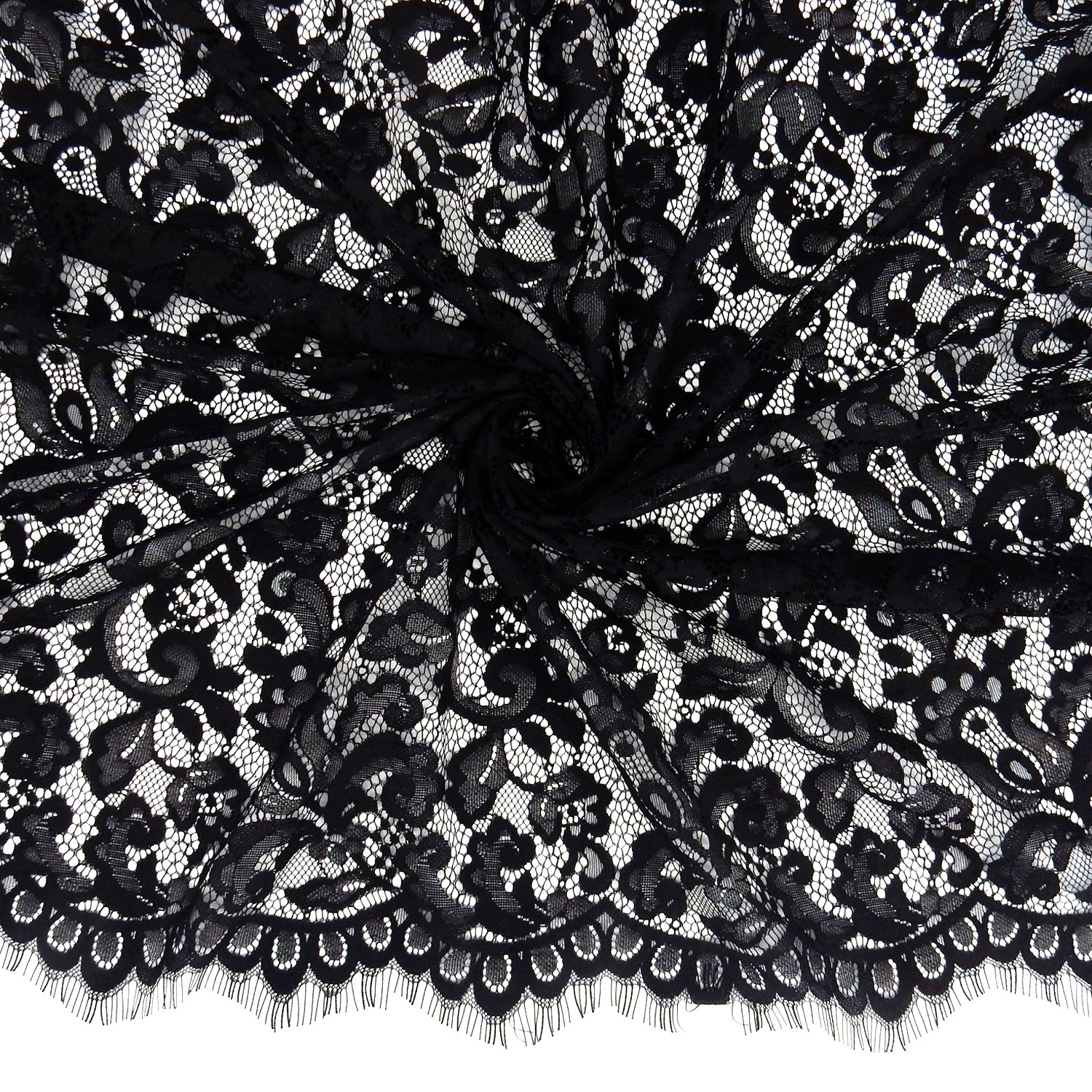 Double Scalloped Eyelash Border Klauber Lace Fabric 3529 Black