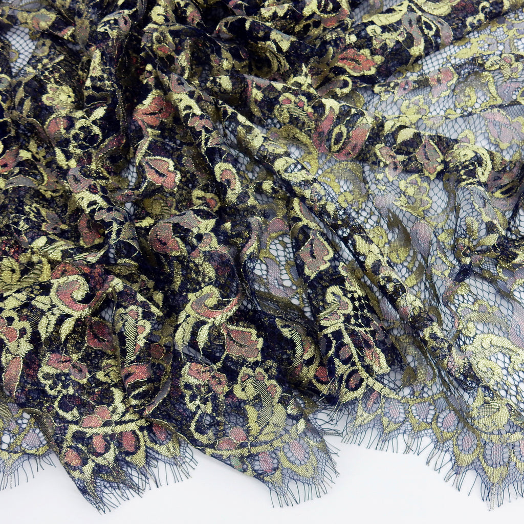 Metallic Double-Sided Eyelash Border Lace Fabric 3529 Navy Blue