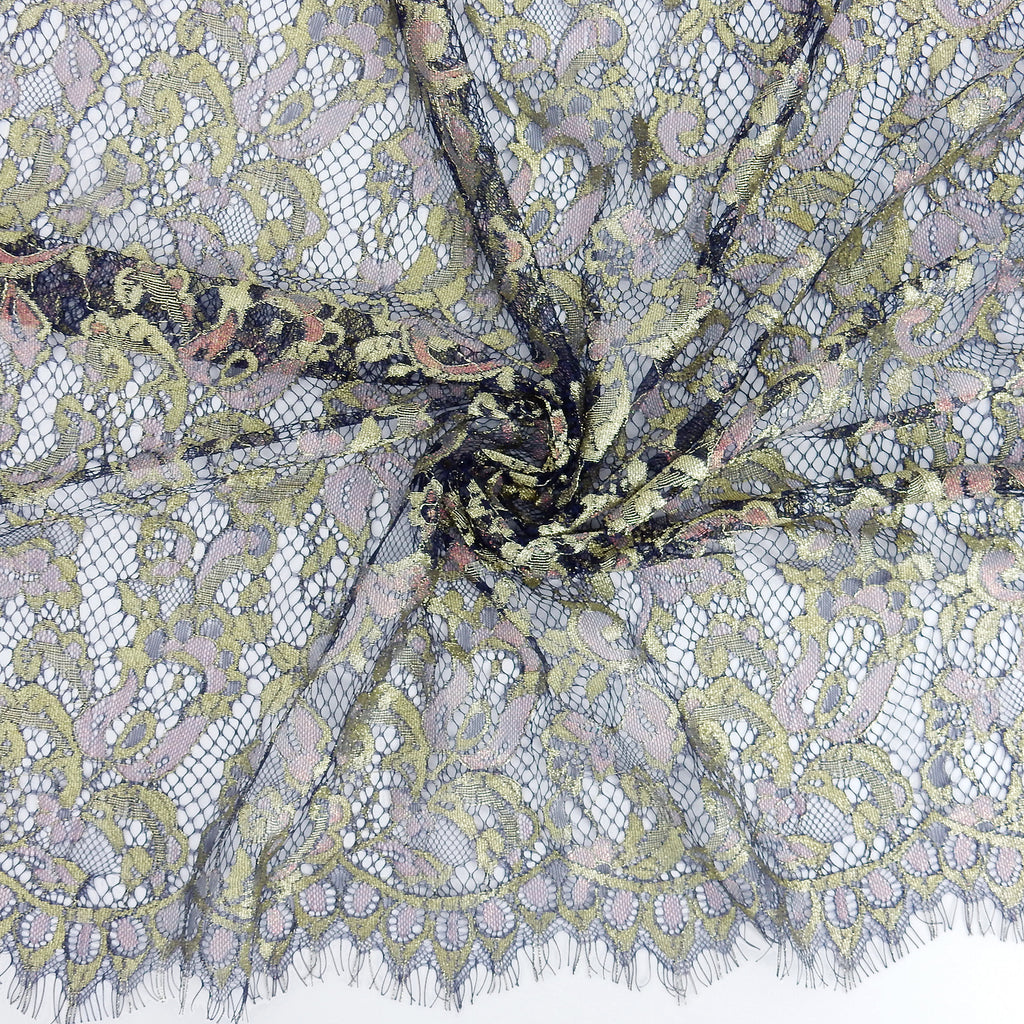 Metallic Double-Sided Eyelash Border Lace Fabric 3529 Navy Blue