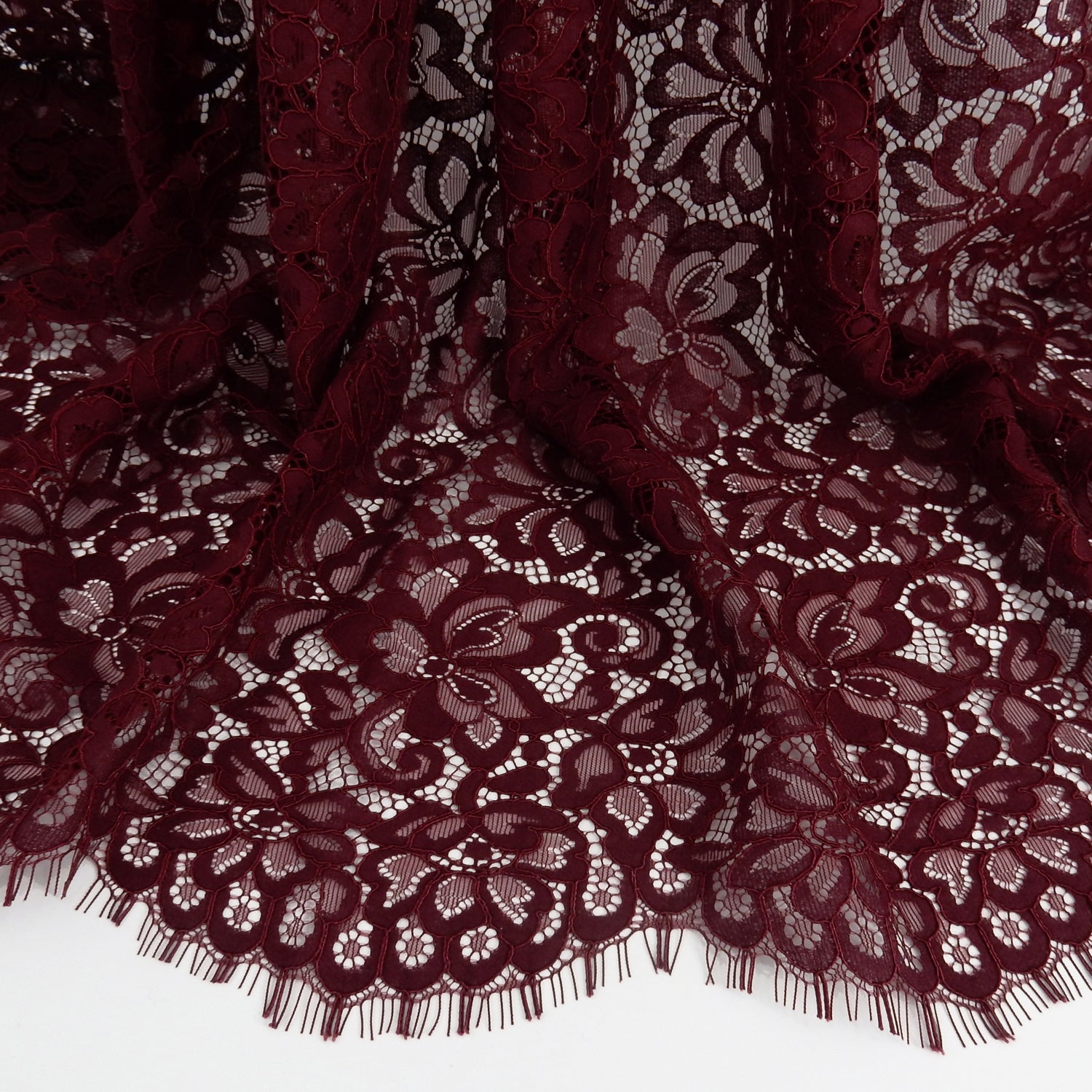 Double Scalloped Eyelash Border Klauber Lace Fabric 3543 Burgundy