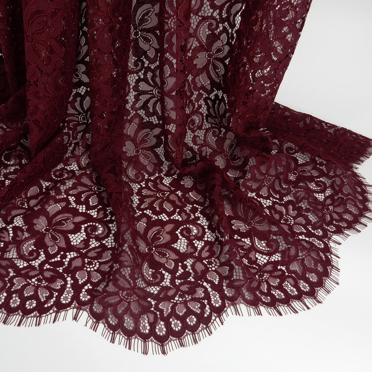 Double Scalloped Eyelash Border Klauber Lace Fabric 3543 Burgundy