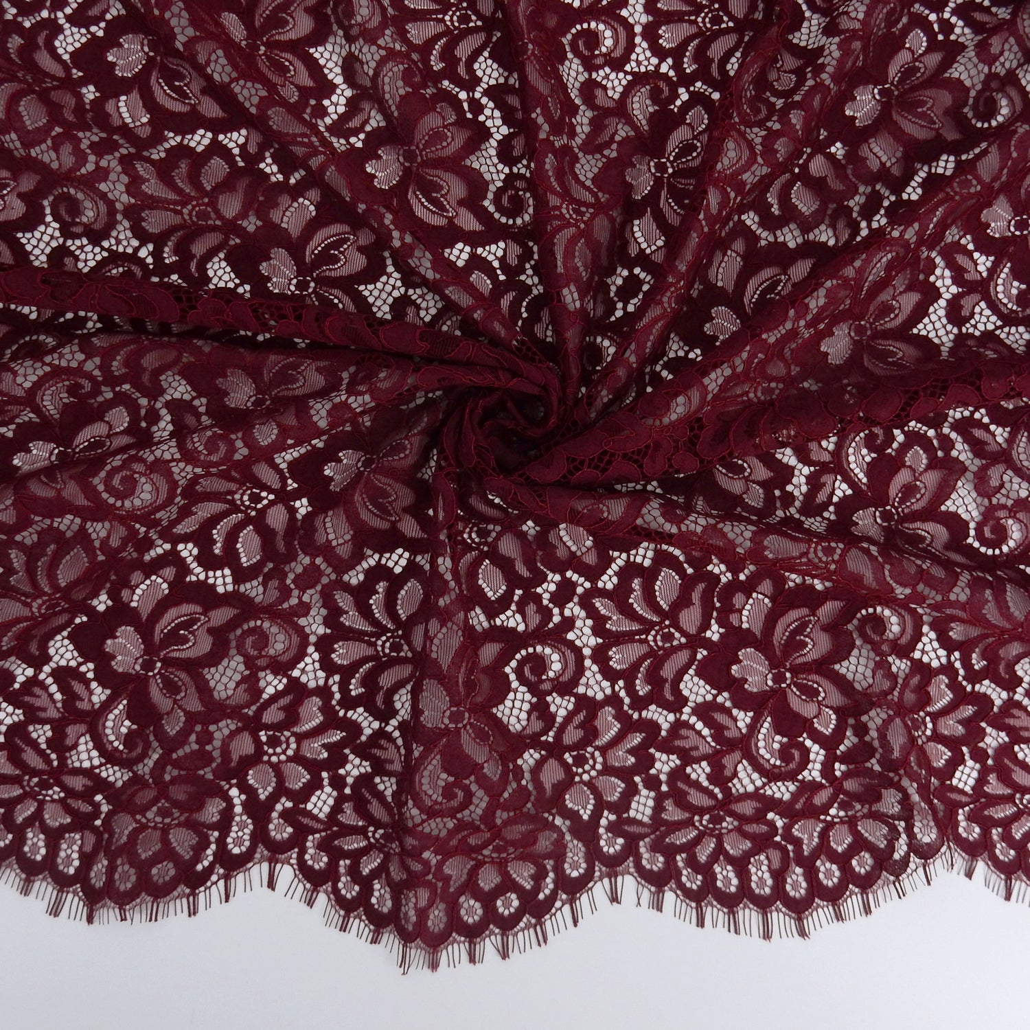 Double Scalloped Eyelash Border Klauber Lace Fabric 3543 Burgundy