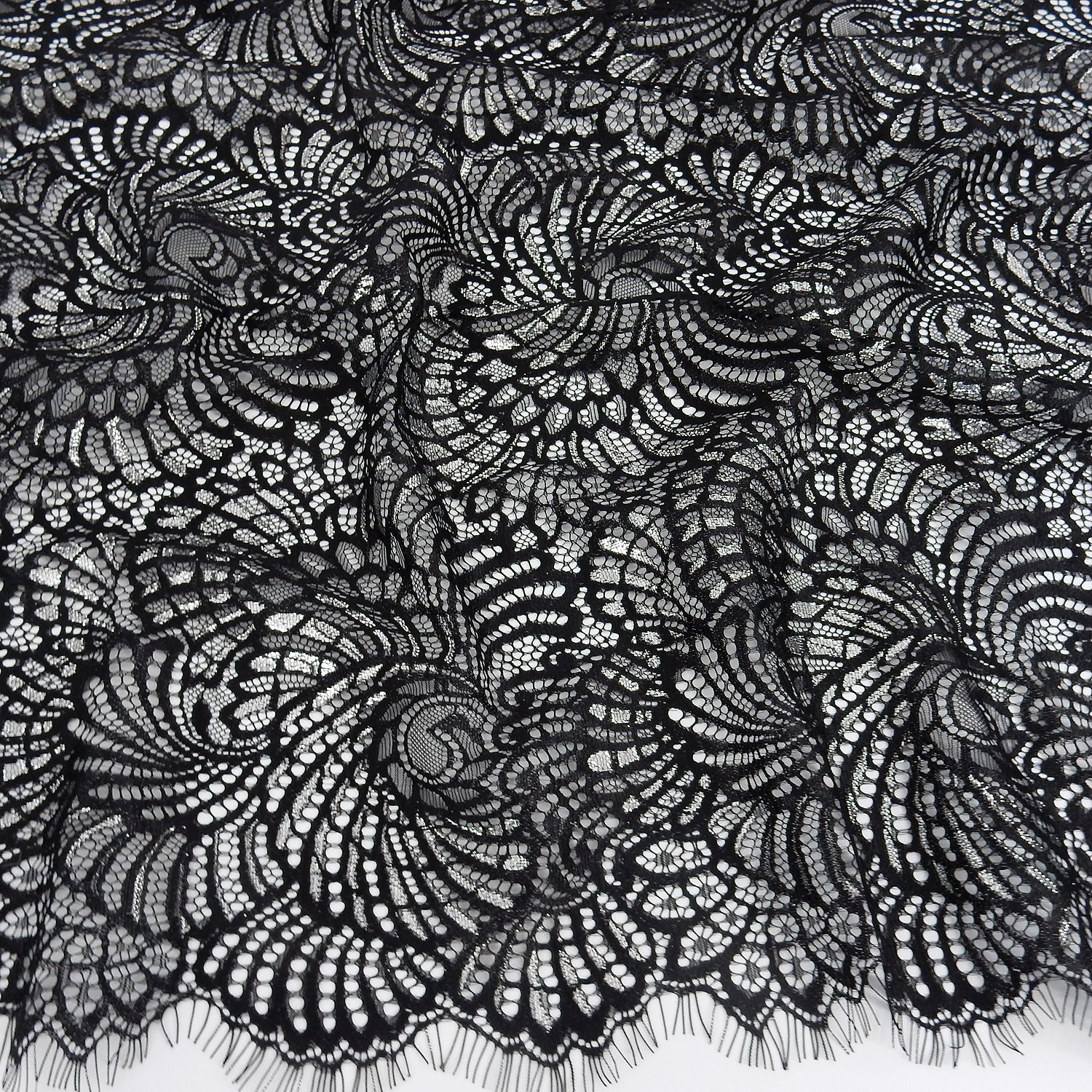 Metallic Double-Sided Eyelash Border Lace Fabric 4007 Black/Silver