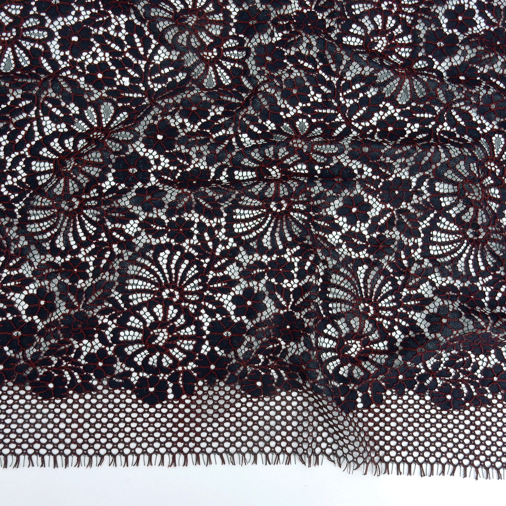 Double Sided Eyelash Scalloped Border Lace Fabric 4095 Navy/Burgundy