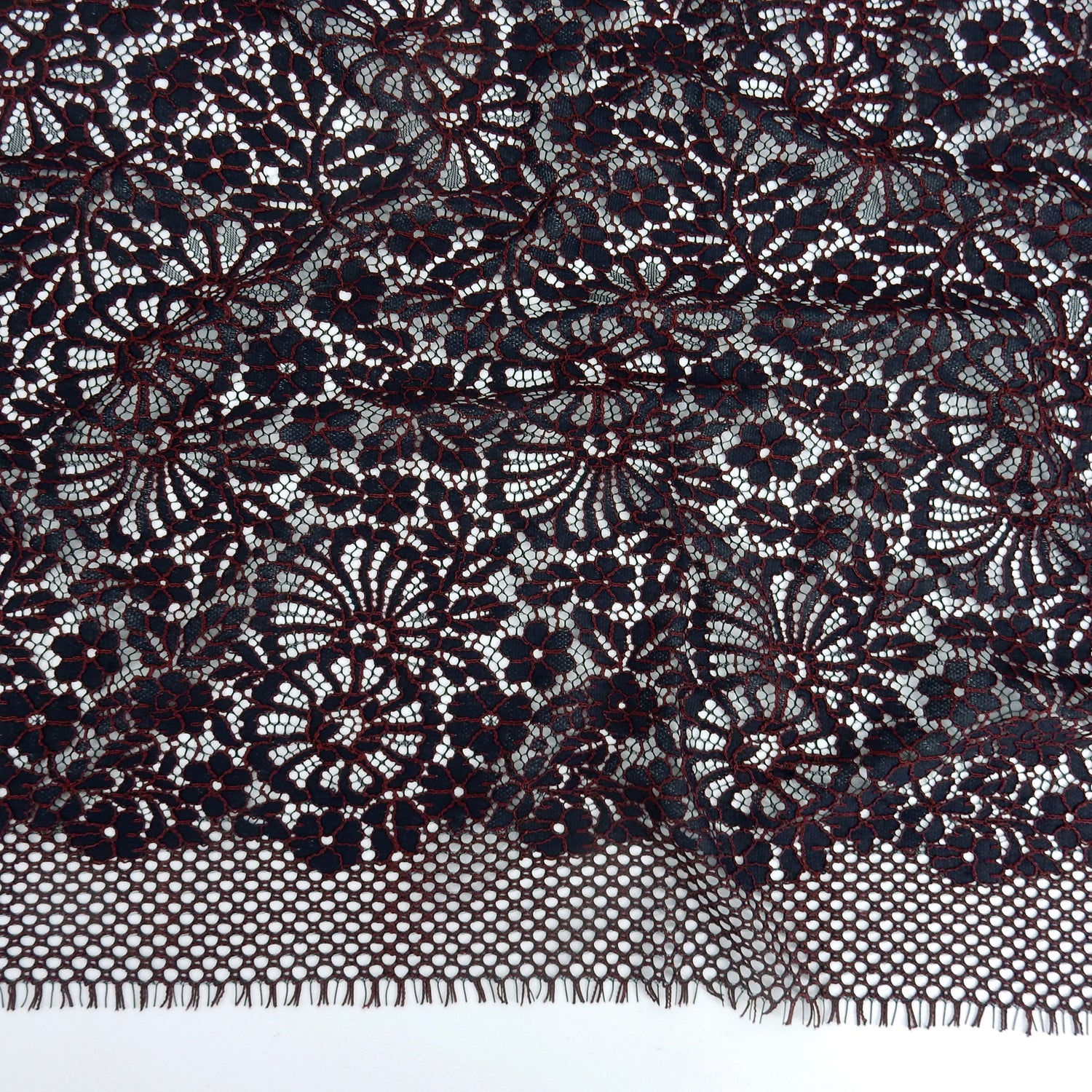 Double Sided Eyelash Scalloped Border Lace Fabric 4095 Navy/Burgundy