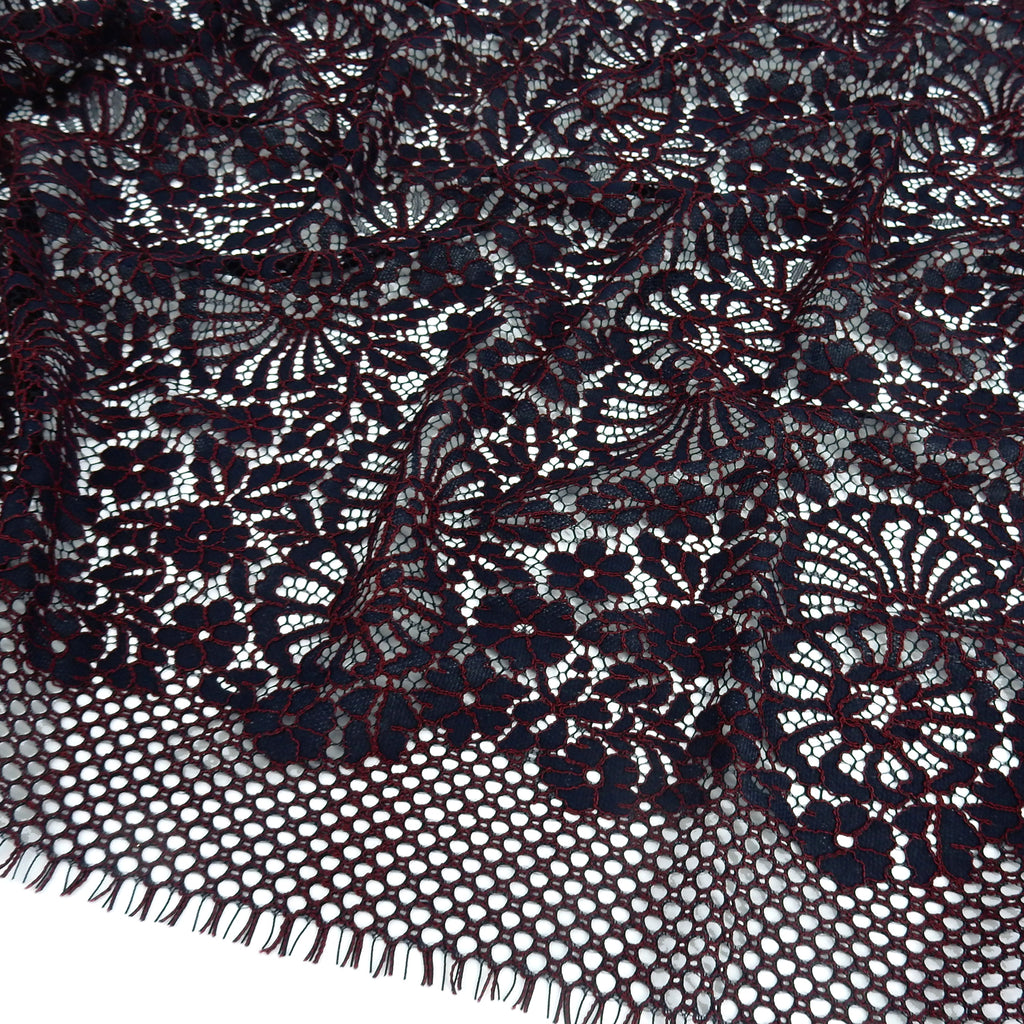 Double Sided Eyelash Scalloped Border Lace Fabric 4095 Navy/Burgundy