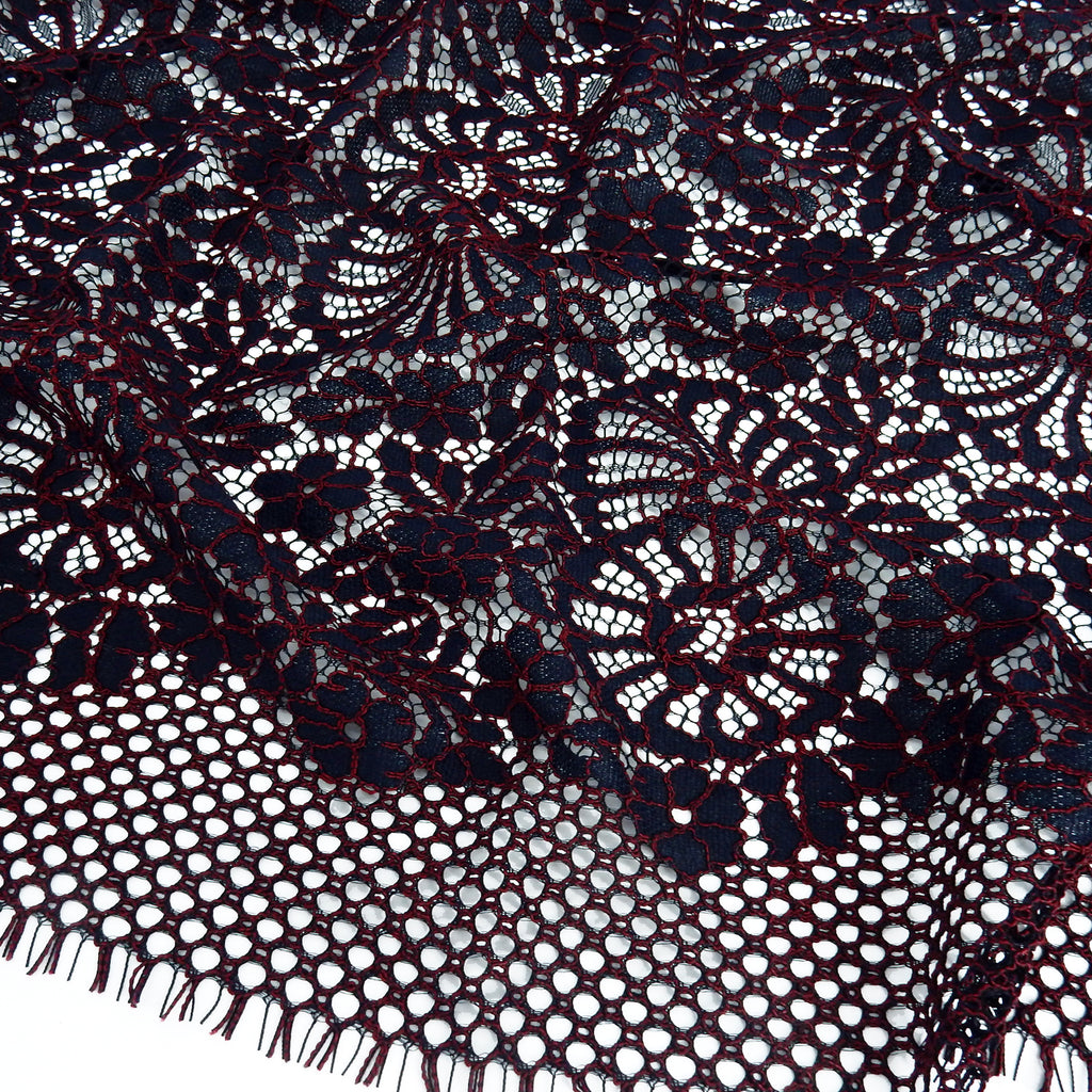 Double Sided Eyelash Scalloped Border Lace Fabric 4095 Navy/Burgundy