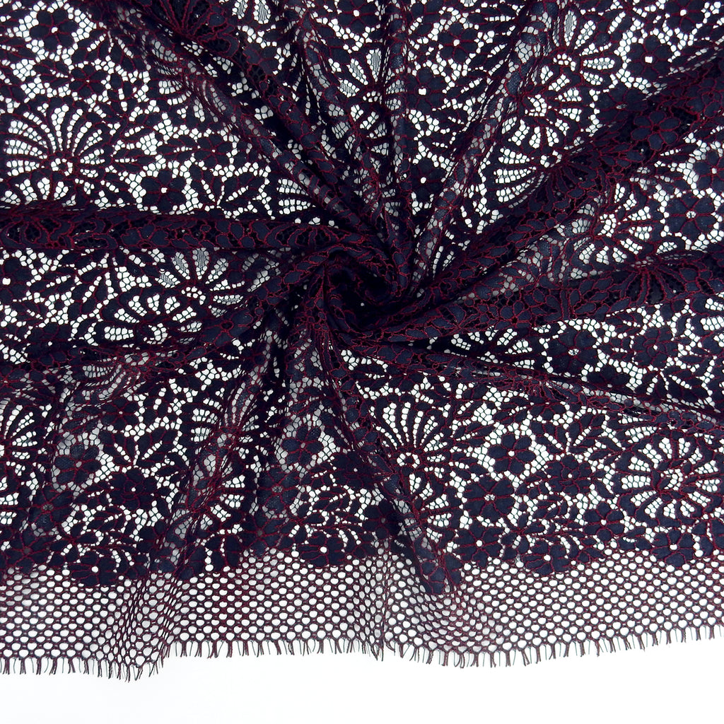 Double Sided Eyelash Scalloped Border Lace Fabric 4095 Navy/Burgundy