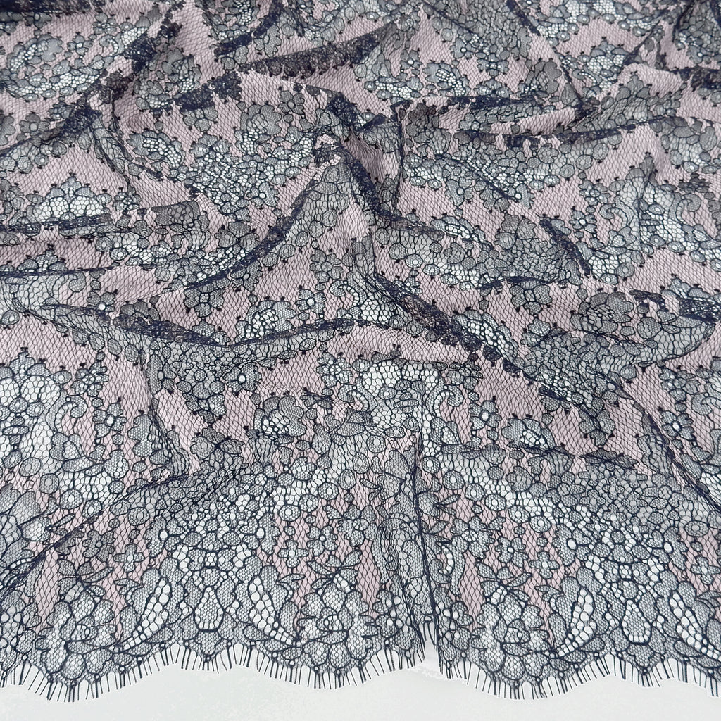Double Sided Eyelash Border Chantilly Lace Fabric 4141 Navy/Shell Pink