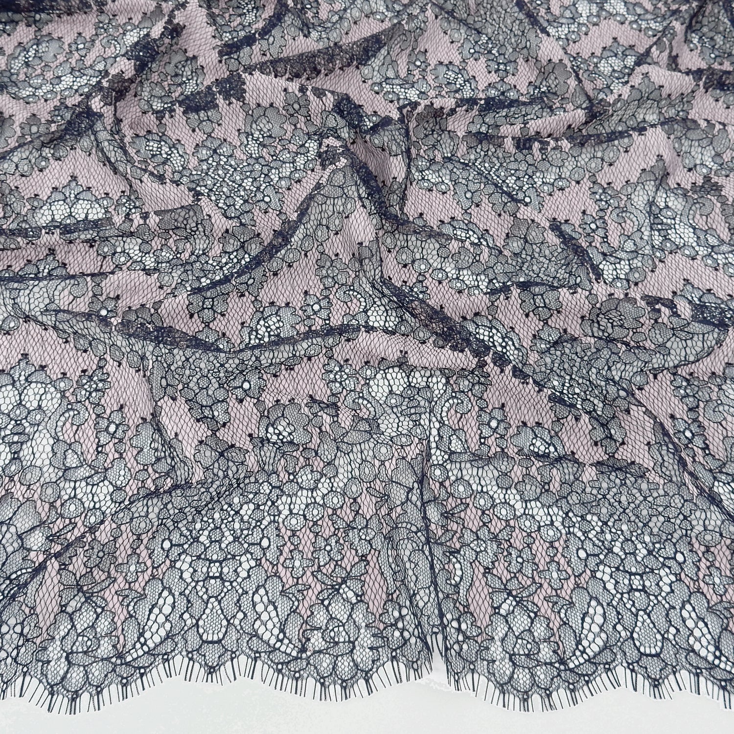 Double Sided Eyelash Border Chantilly Klauber Lace Fabric 4141 Navy/Shell Pink