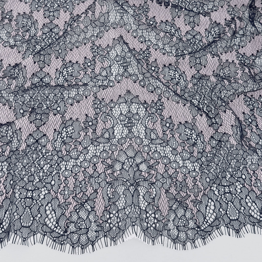Double Sided Eyelash Border Chantilly Lace Fabric 4141 Navy/Shell Pink