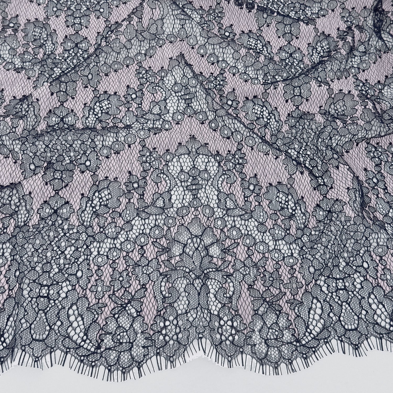Double Sided Eyelash Border Chantilly Klauber Lace Fabric 4141 Navy/Shell Pink