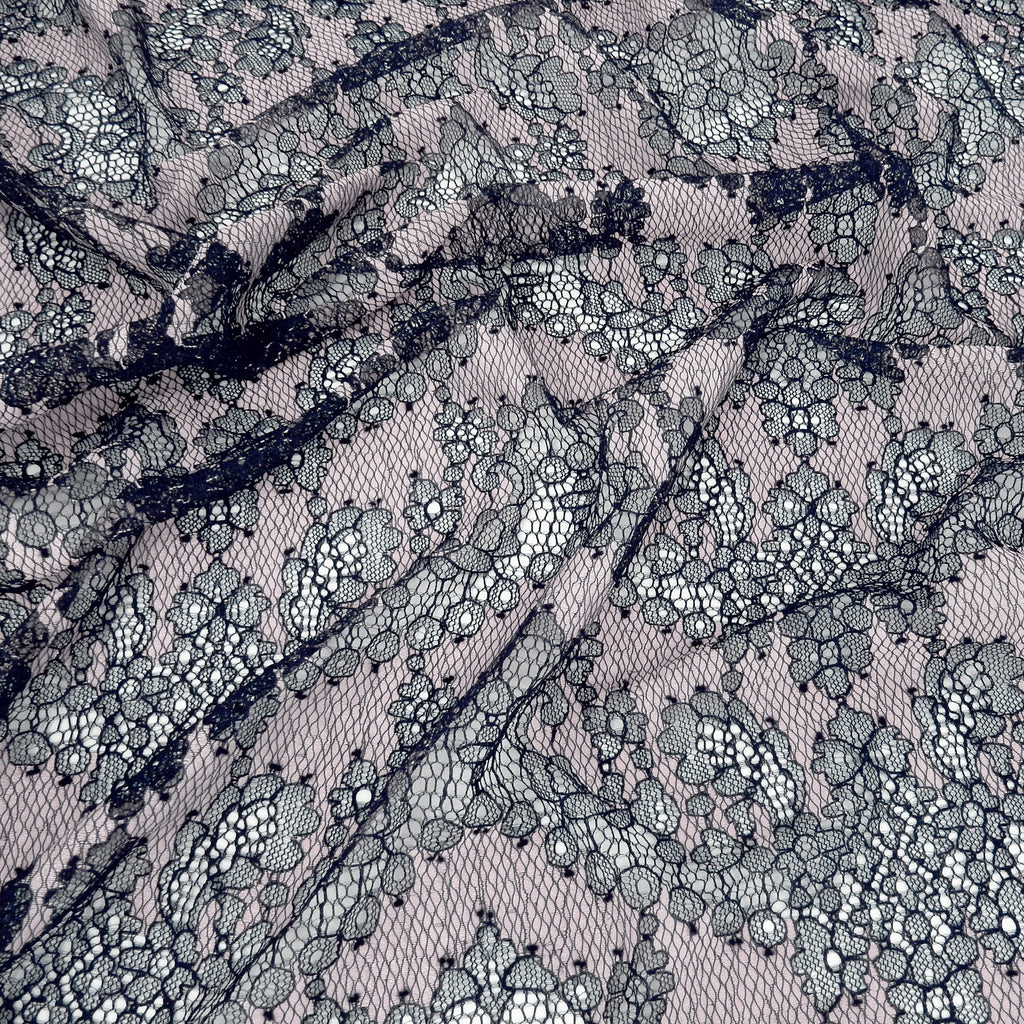 Double Sided Eyelash Border Chantilly Lace Fabric 4141 Navy/Shell Pink