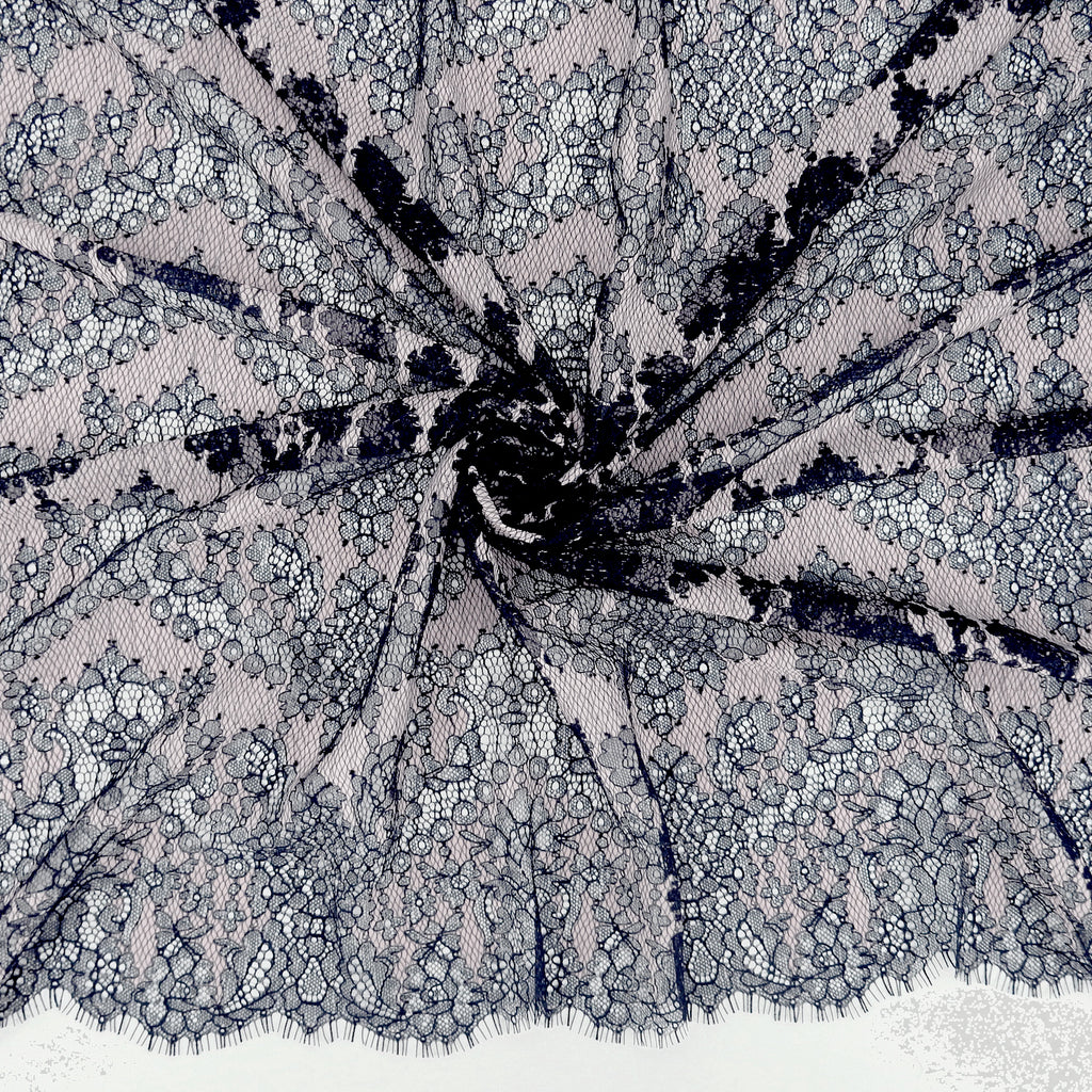 Double Sided Eyelash Border Chantilly Lace Fabric 4141 Navy/Shell Pink