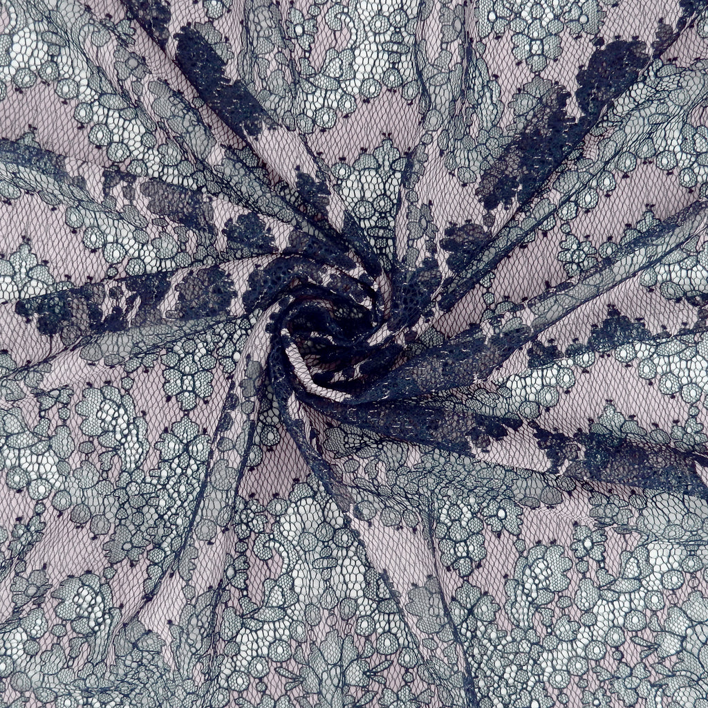 Double Sided Eyelash Border Chantilly Lace Fabric 4141 Navy/Shell Pink