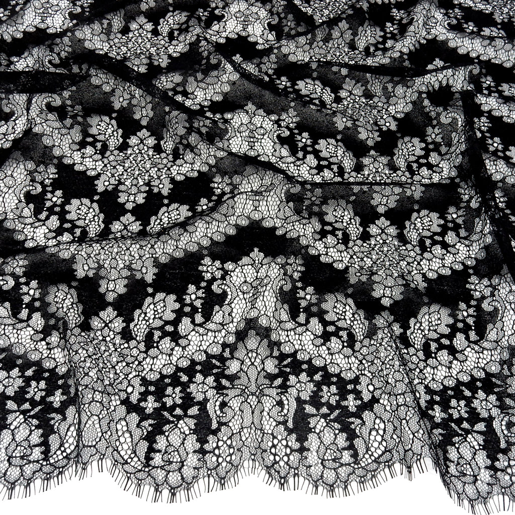 Double Sided Eyelash Border Chantilly Lace Fabric 4141 Black