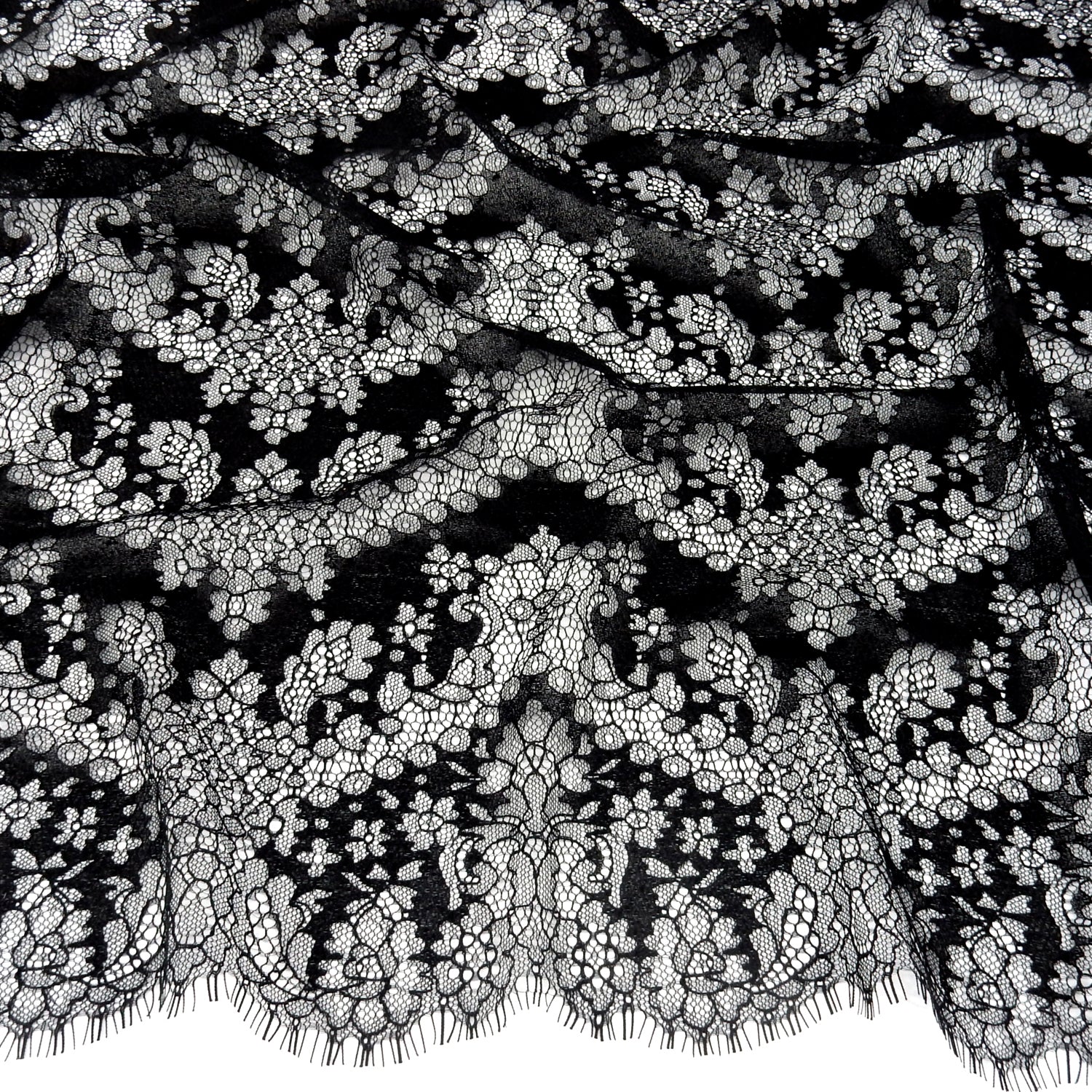 Double Sided Eyelash Border Chantilly Lace Fabric 4141 Black