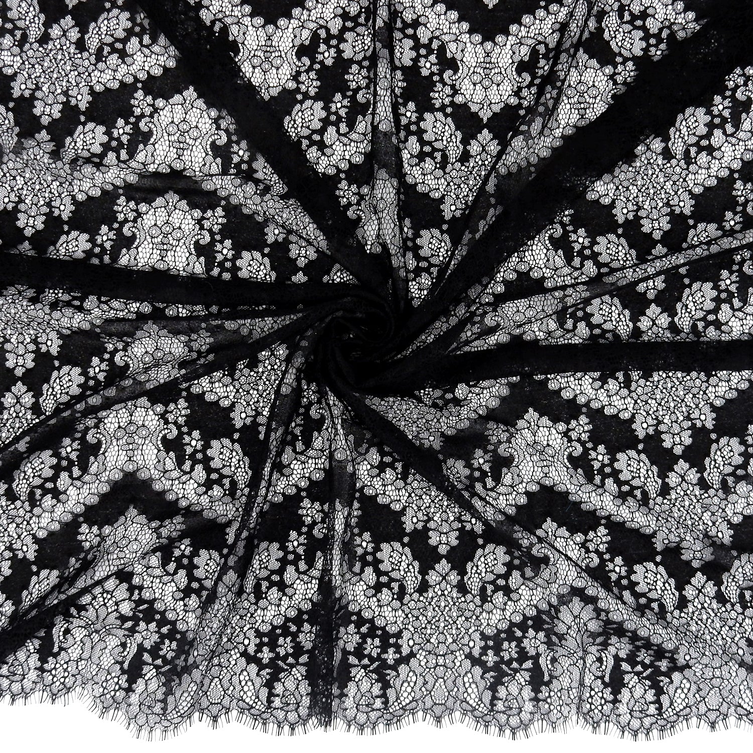 Double Sided Eyelash Border Chantilly Lace Fabric 4141 Black