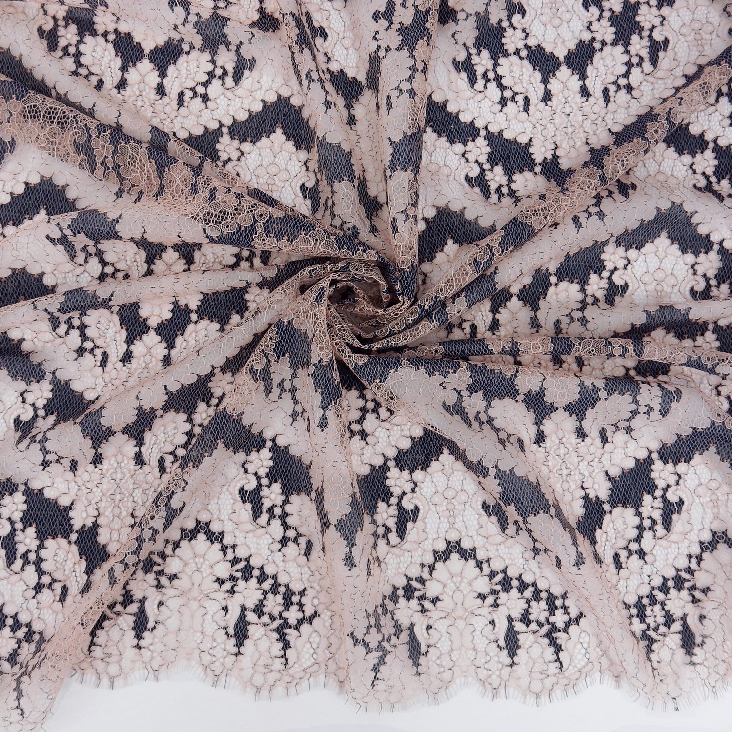 Double Sided Eyelash Border Chantilly Lace Fabric 4141 Shell Pink/Navy