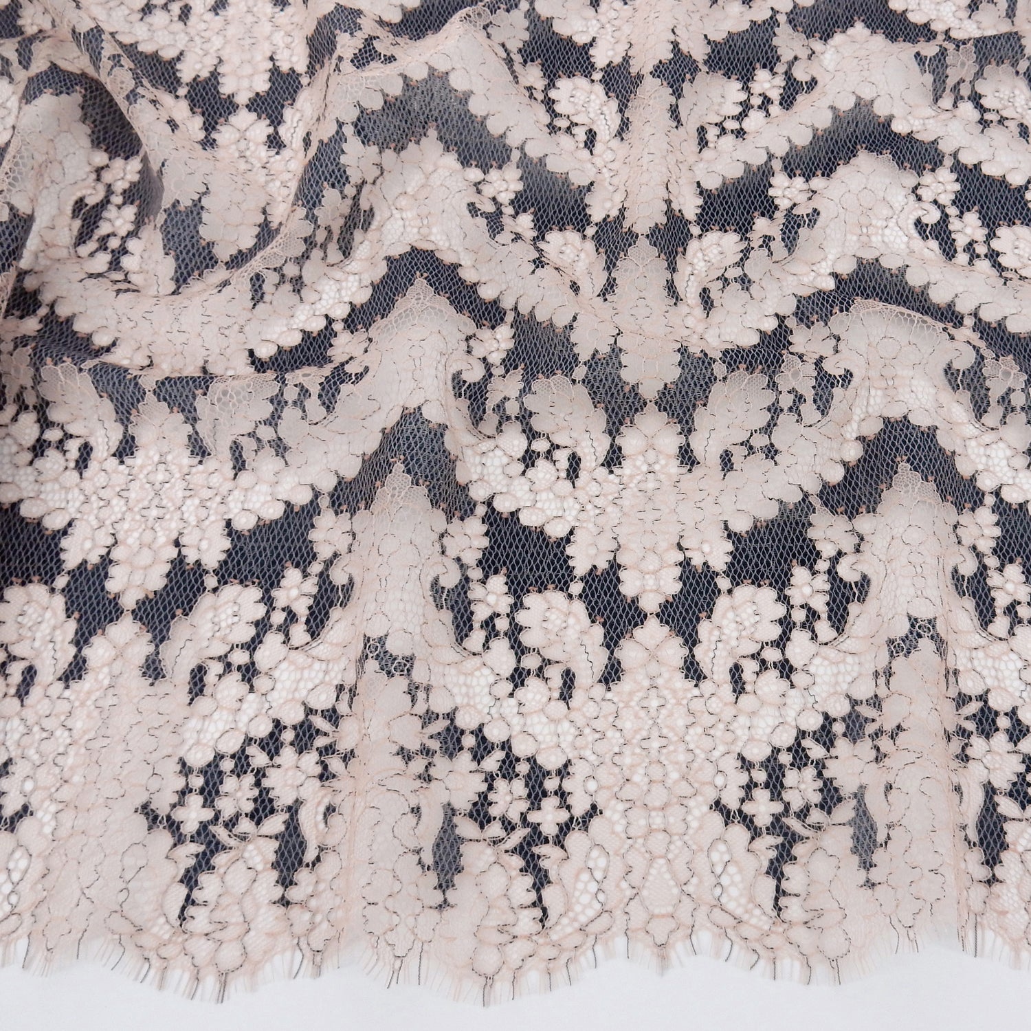 Double Sided Eyelash Border Chantilly Lace Fabric 4141 Shell Pink/Navy