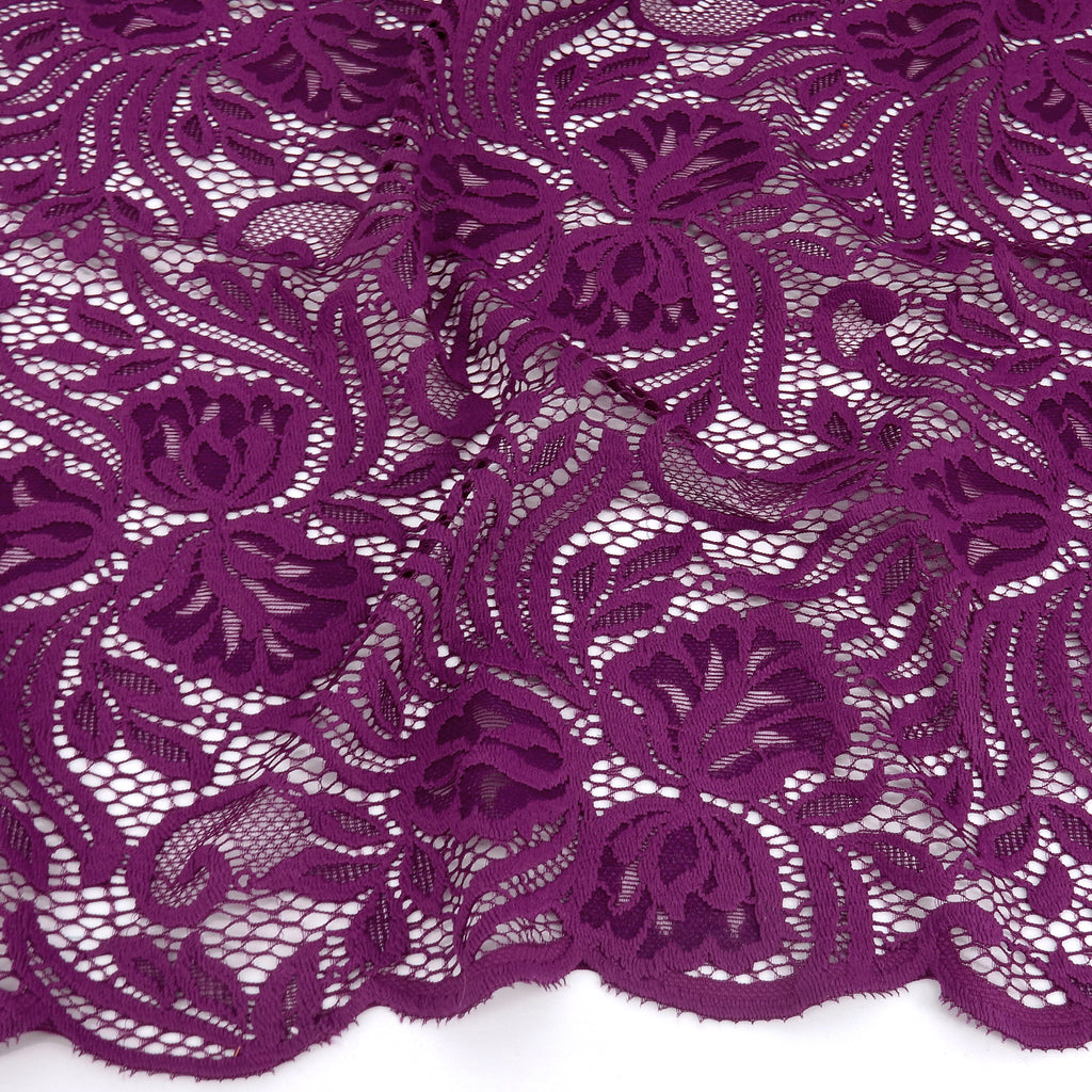 Embroidered Double Sided Border Stretch Lace Fabric 6014 Florentia Plum
